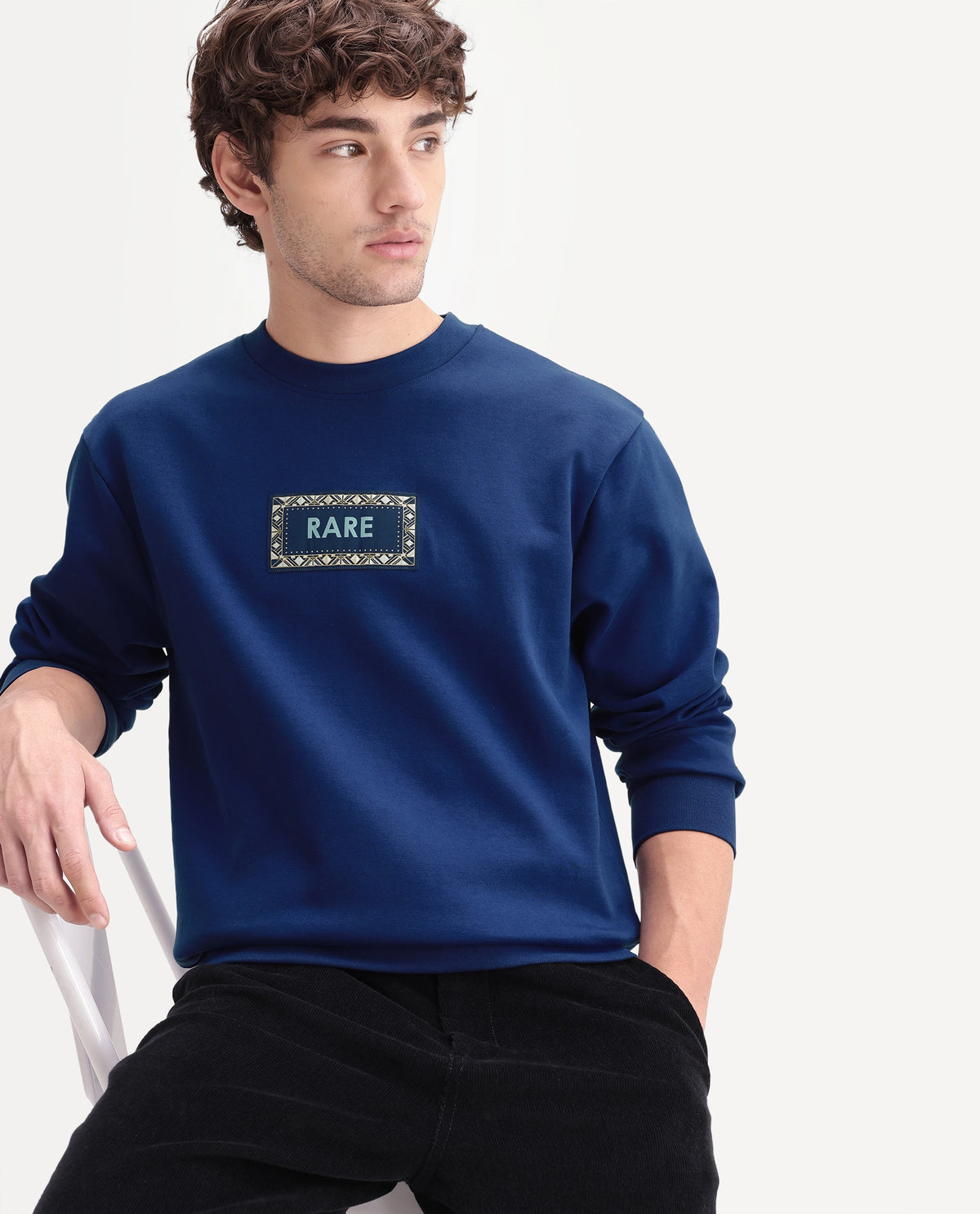 Rare Rabbit Men's Kiha Fluorescent Blue Cotton Blend Crew Neck Regular Label Sweatshirt