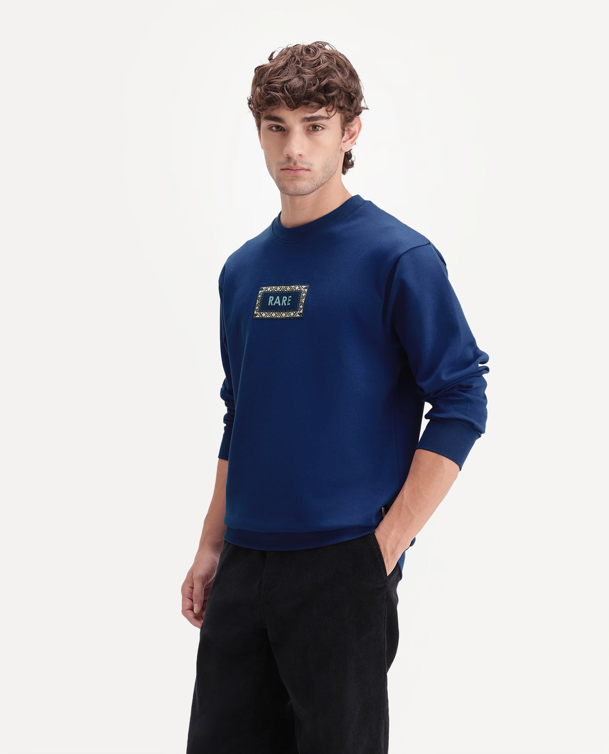 Rare Rabbit Men's Kiha Fluorescent Blue Cotton Blend Crew Neck Regular Label Sweatshirt