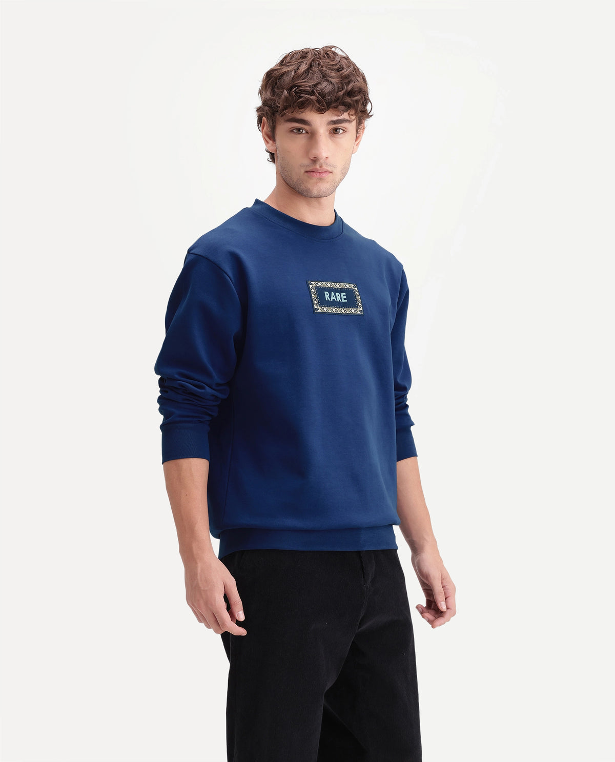 Rare Rabbit Men's Kiha Fluorescent Blue Cotton Blend Crew Neck Regular Label Sweatshirt