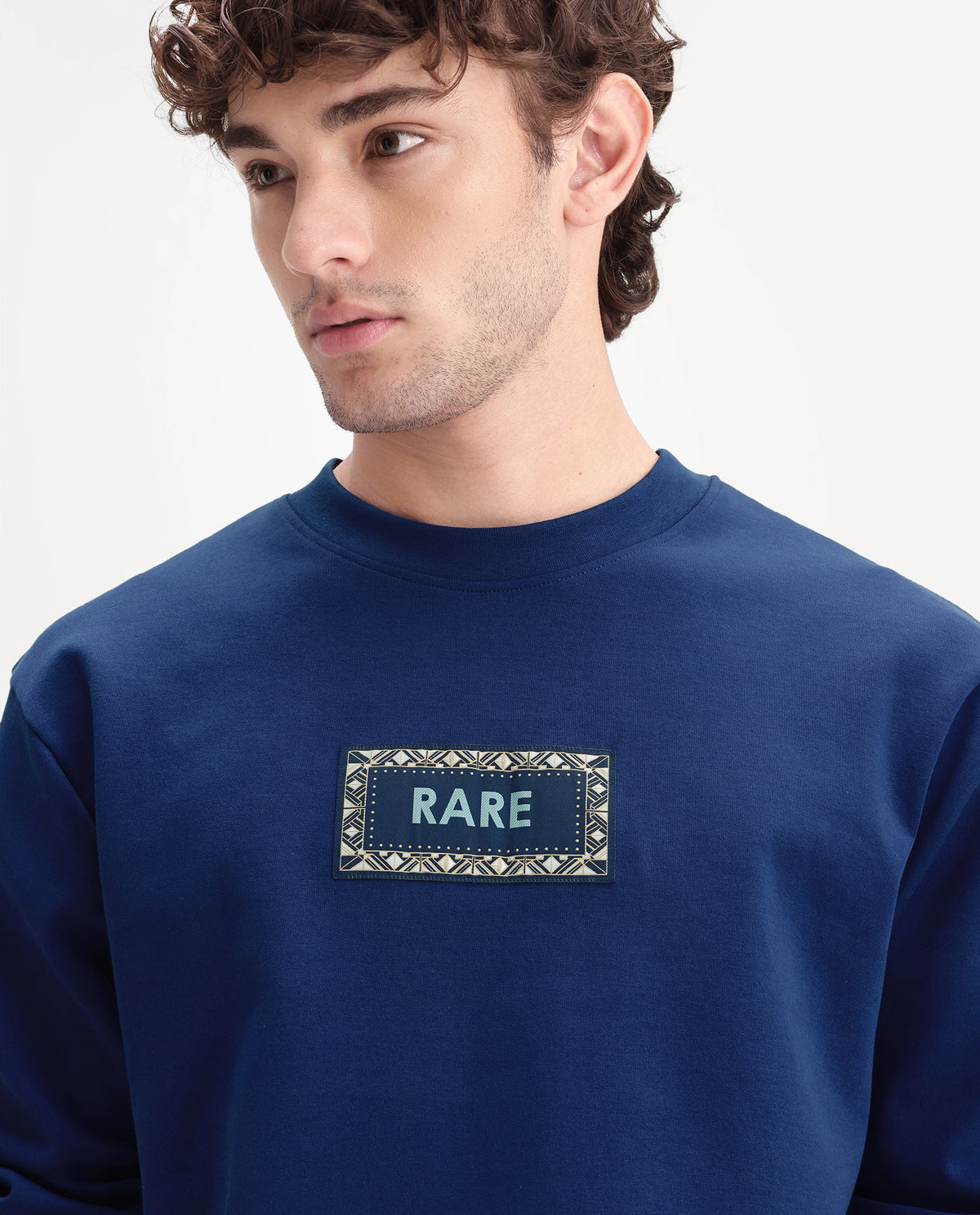 Rare Rabbit Men's Kiha Fluorescent Blue Cotton Blend Crew Neck Regular Label Sweatshirt