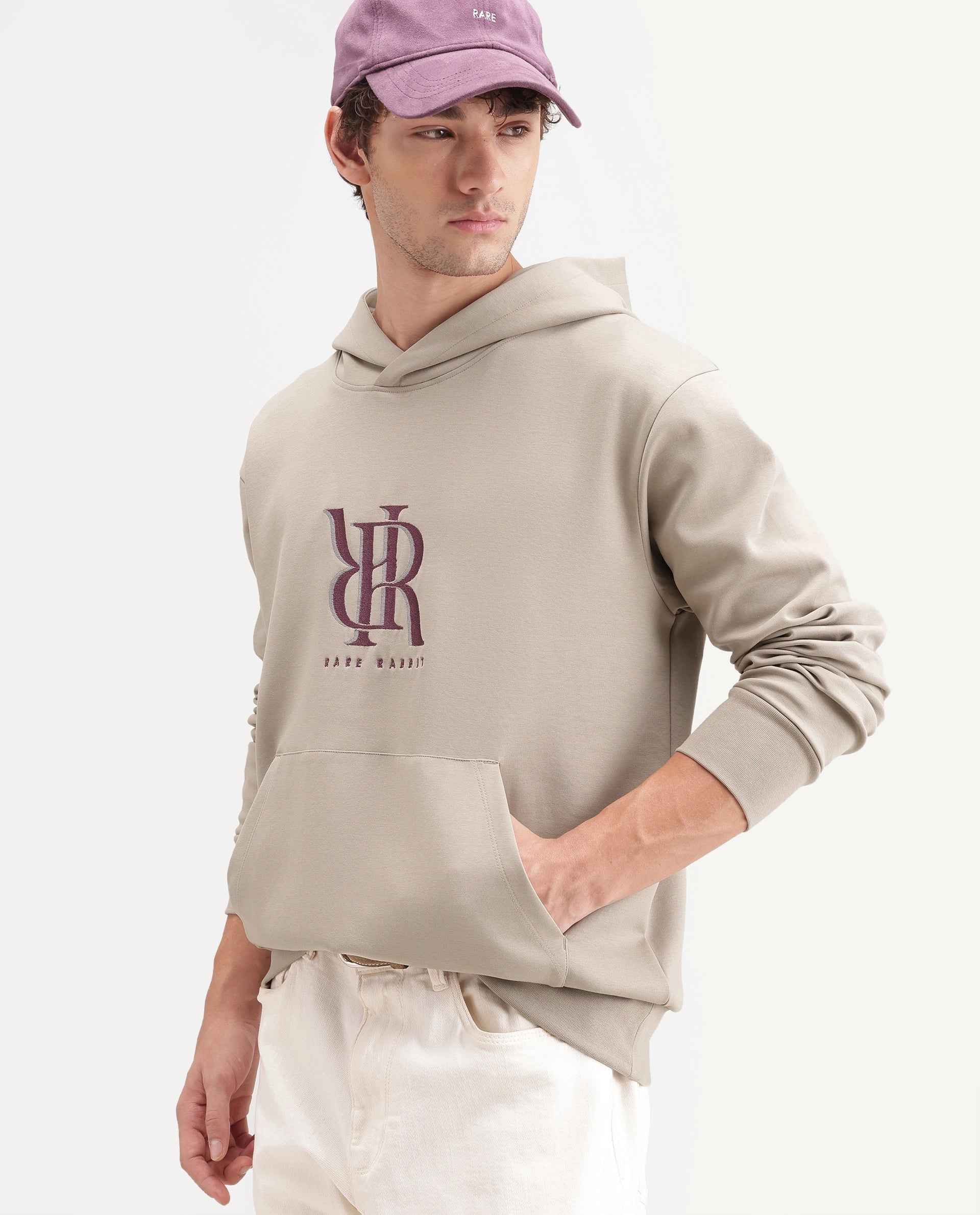 Rare Rabbit Men's Rue Dusky Beige Cotton Blend Hooded Regular Embroidered Sweatshirt