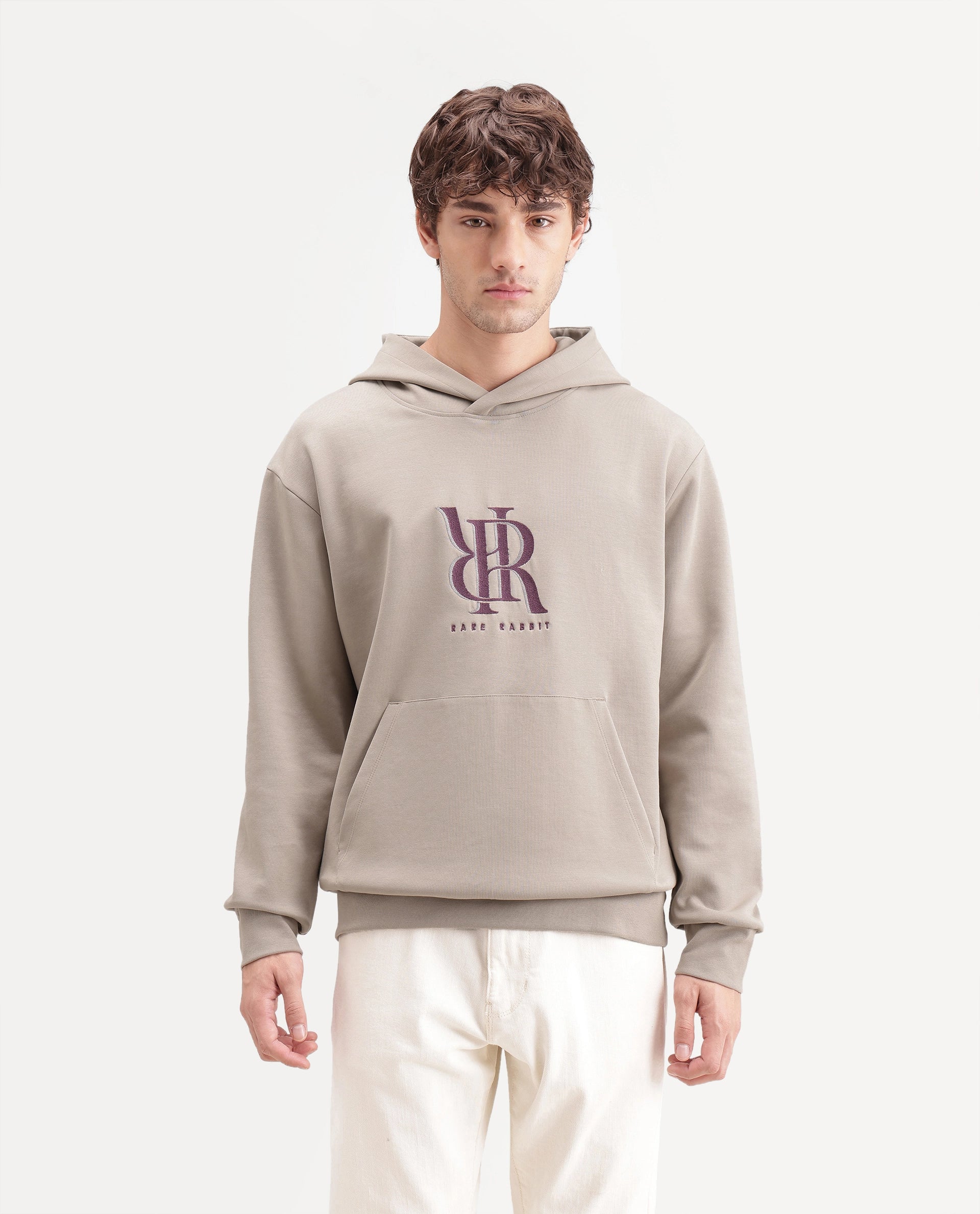 Rare Rabbit Men's Rue Dusky Beige Cotton Blend Hooded Regular Embroidered Sweatshirt
