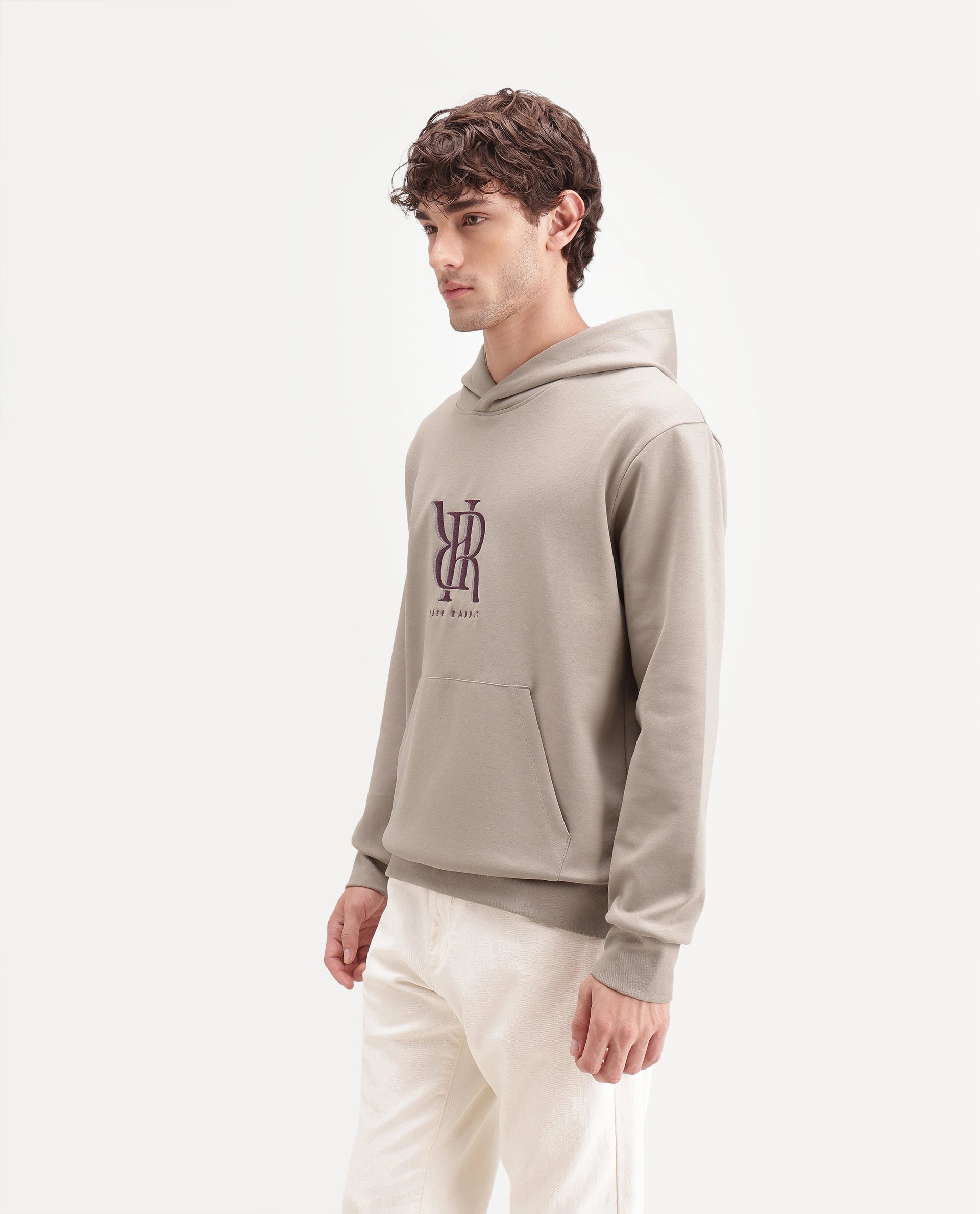 Rare Rabbit Men's Rue Dusky Beige Cotton Blend Hooded Regular Embroidered Sweatshirt