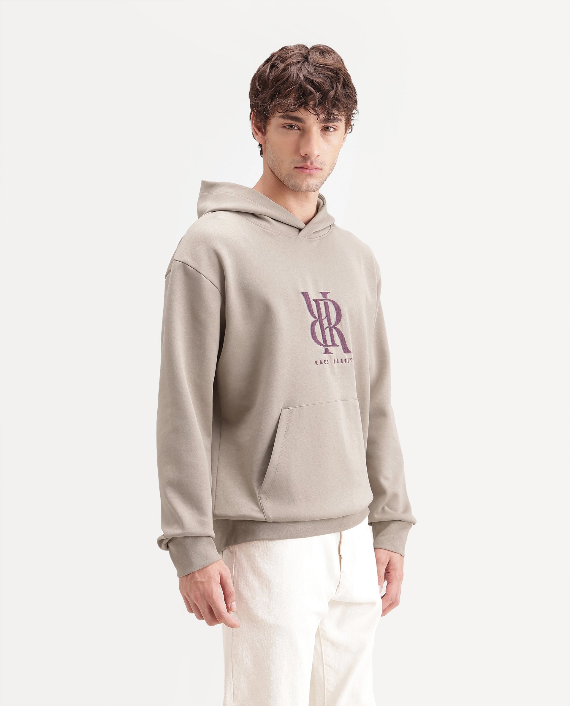 Rare Rabbit Men's Rue Dusky Beige Cotton Blend Hooded Regular Embroidered Sweatshirt