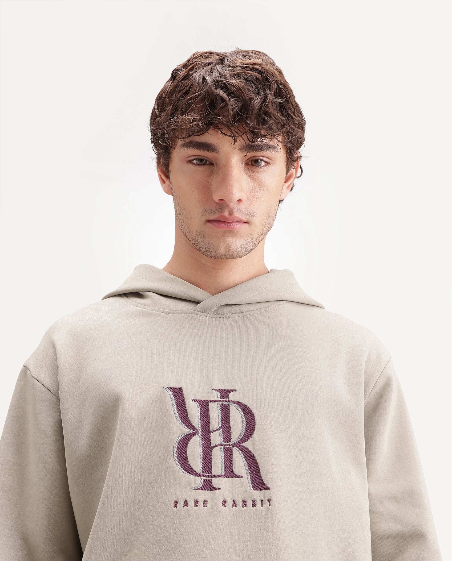 Rare Rabbit Men's Rue Dusky Beige Cotton Blend Hooded Regular Embroidered Sweatshirt