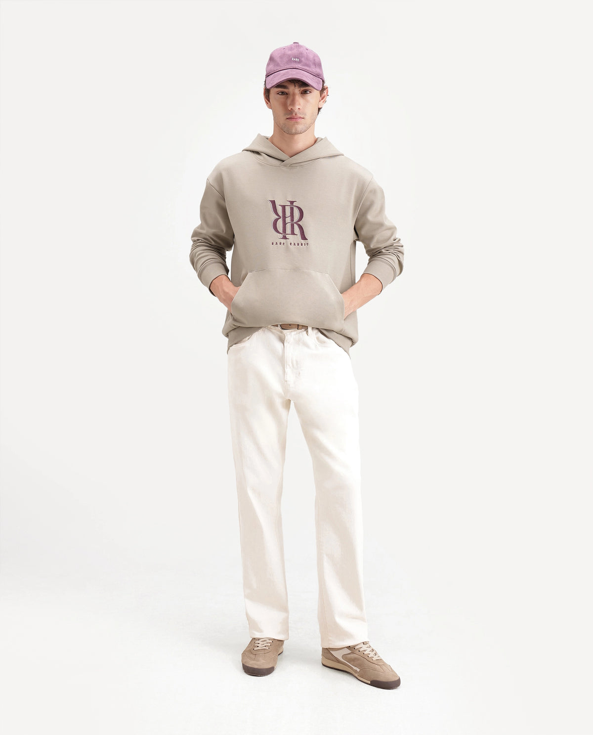 Rare Rabbit Men's Rue Dusky Beige Cotton Blend Hooded Regular Embroidered Sweatshirt