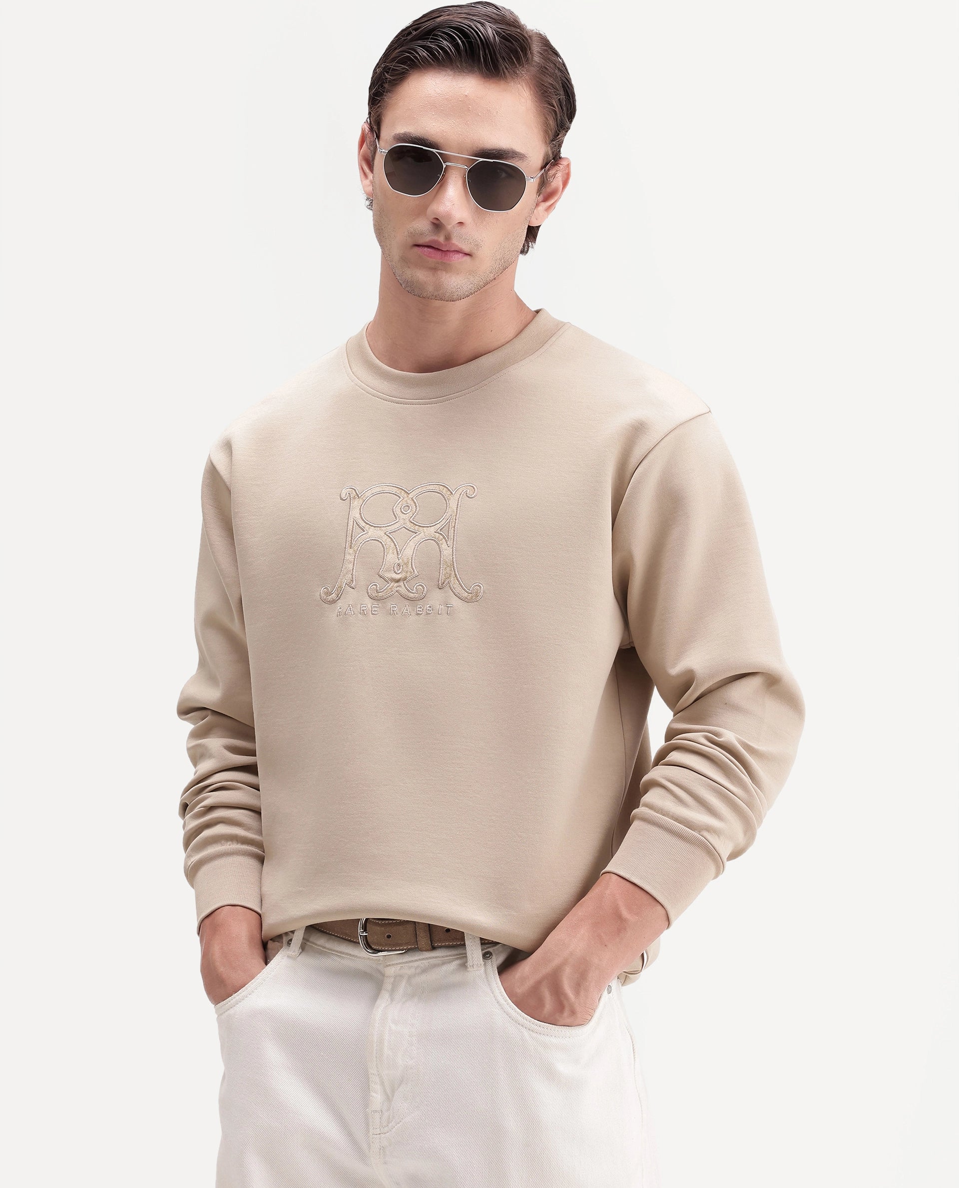 Rare Rabbit Men's Leko Light Beige Cotton Blend Crew Neck Regular Embroidered Sweatshirt