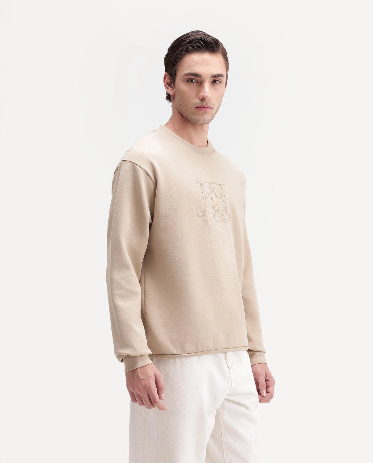 Rare Rabbit Men's Leko Light Beige Cotton Blend Crew Neck Regular Embroidered Sweatshirt