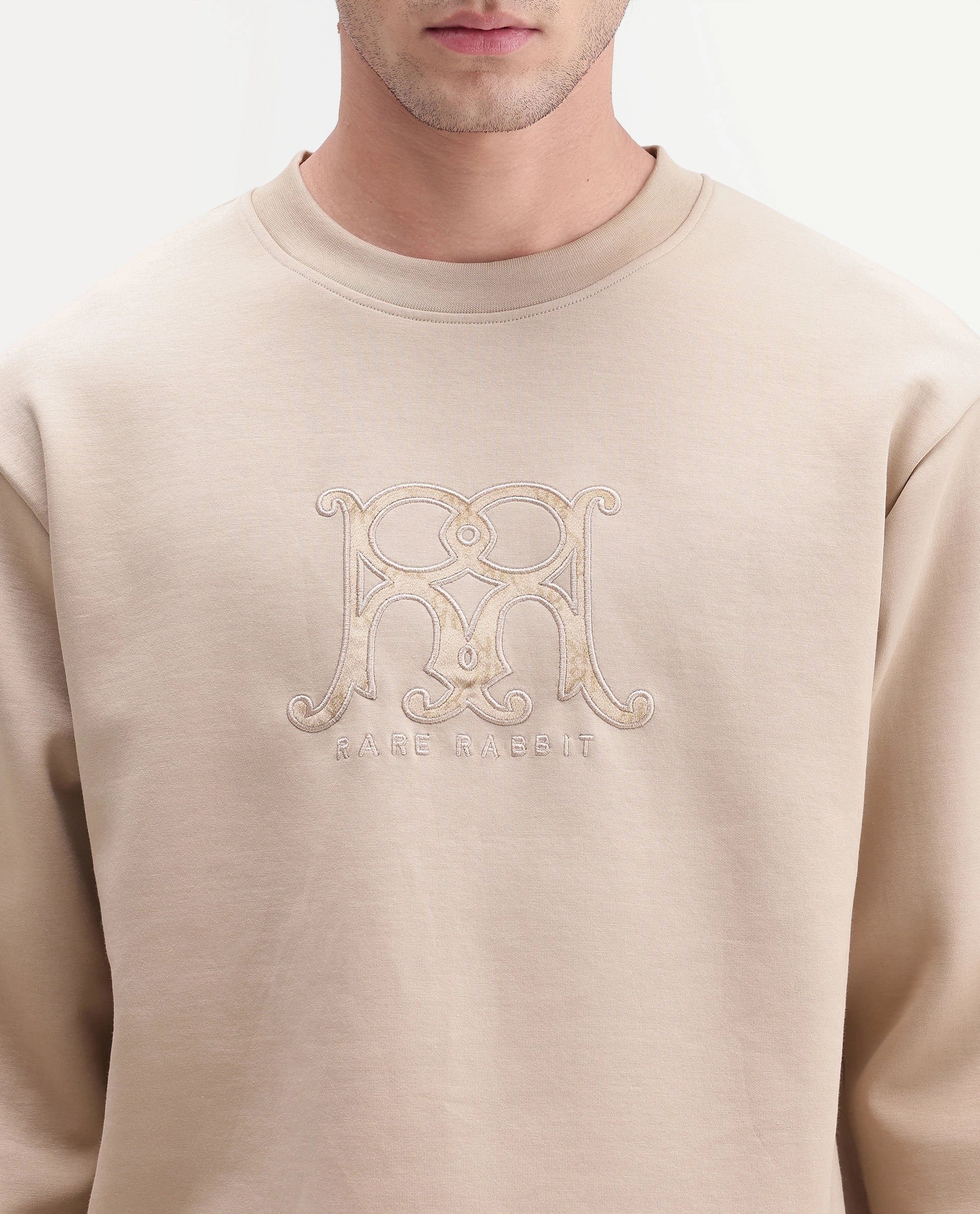 Rare Rabbit Men's Leko Light Beige Cotton Blend Crew Neck Regular Embroidered Sweatshirt
