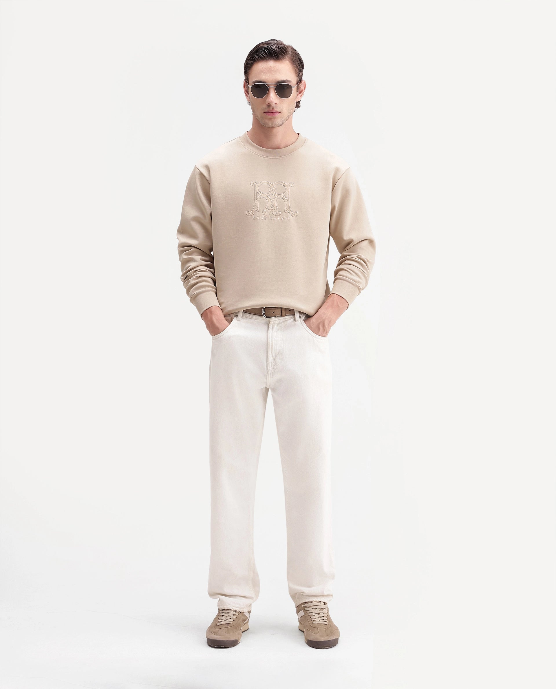 Rare Rabbit Men's Leko Light Beige Cotton Blend Crew Neck Regular Embroidered Sweatshirt