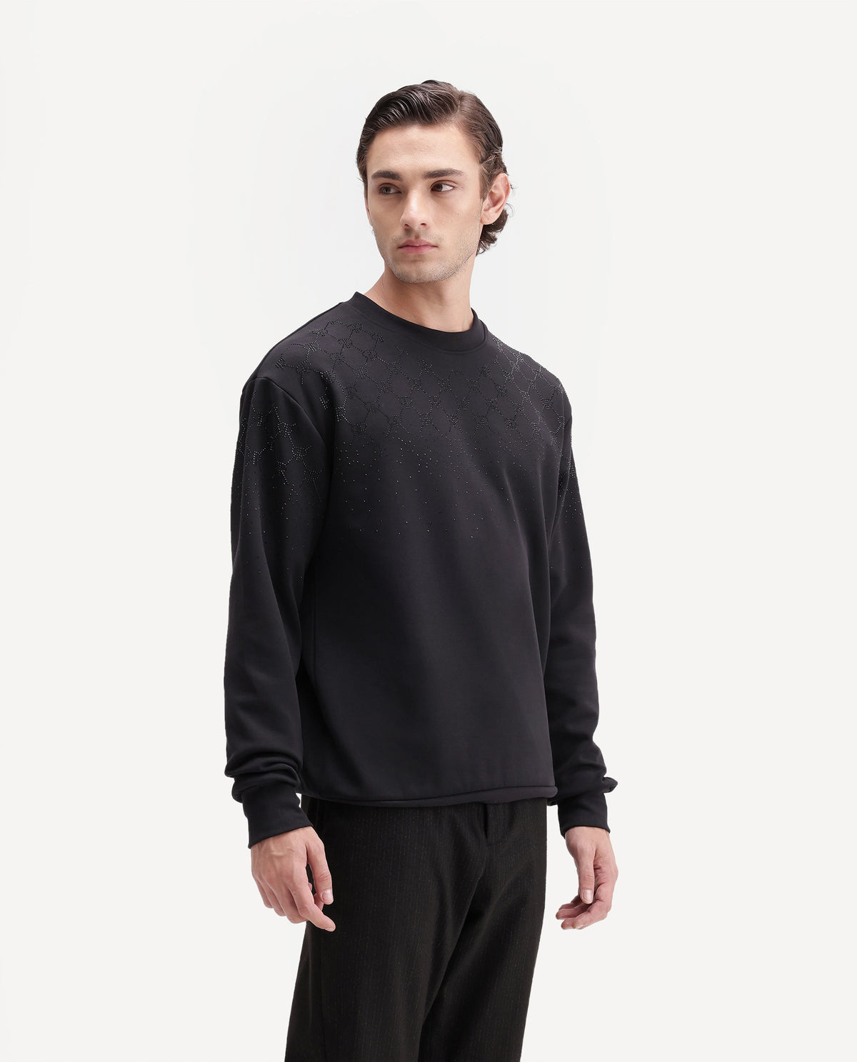 Rare Rabbit Men's Spark Black Cotton Blend Crew Neck Regular Plain Sweatshirt