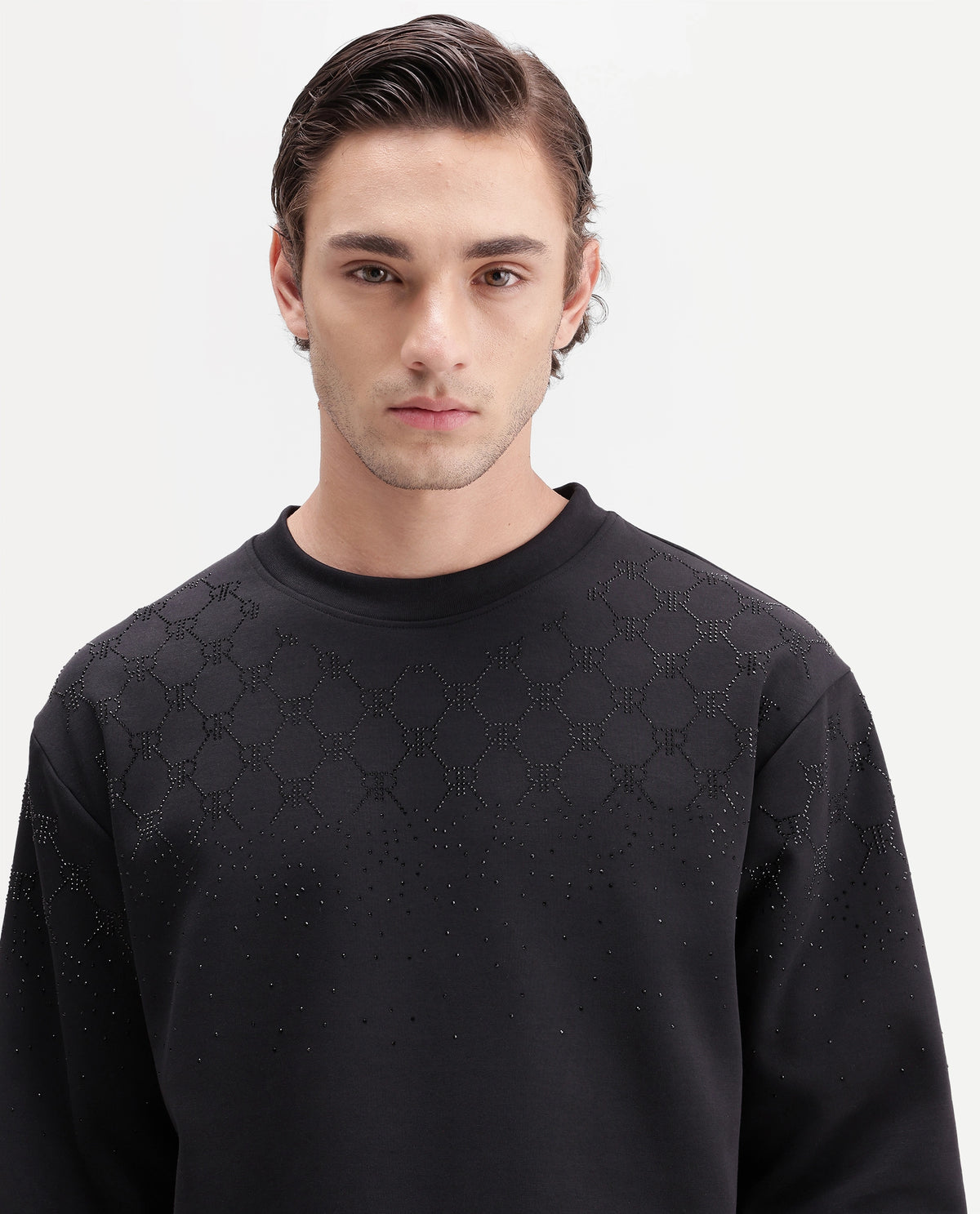 Rare Rabbit Men's Spark Black Cotton Blend Crew Neck Regular Plain Sweatshirt