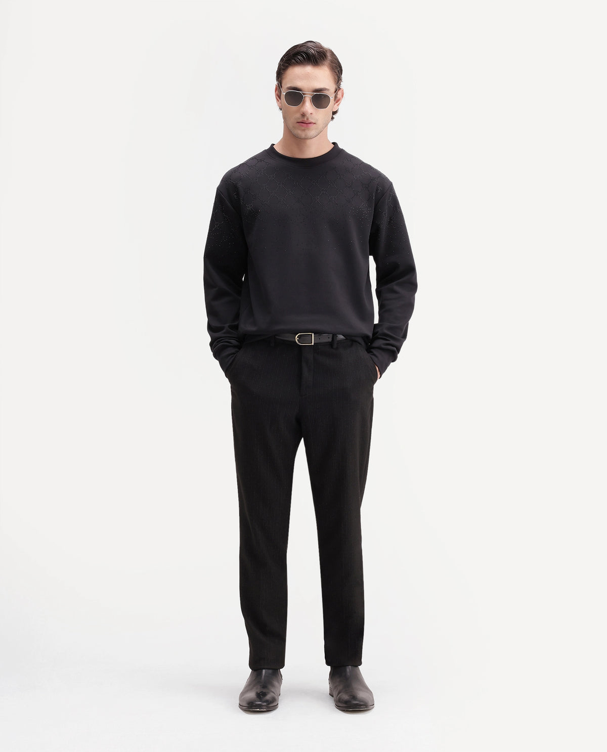 Rare Rabbit Men's Spark Black Cotton Blend Crew Neck Regular Plain Sweatshirt