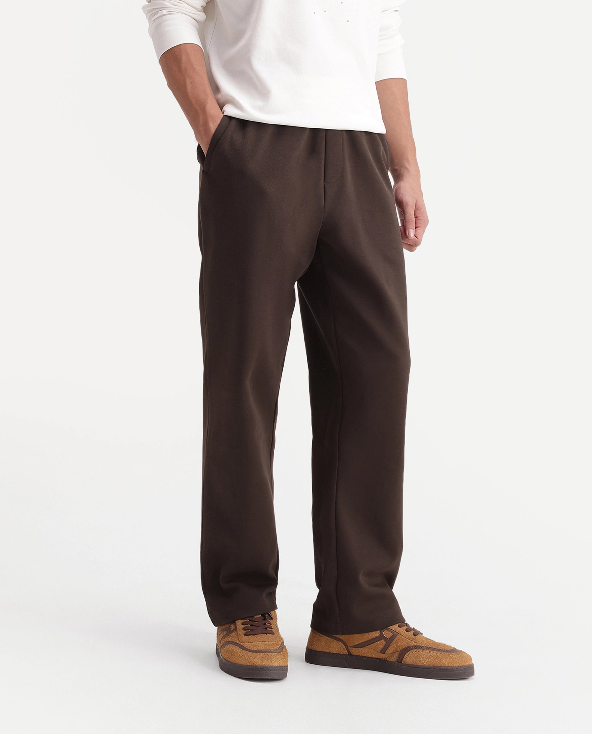 Rare Rabbit Men's Blin-T Brown Cotton Blend Relaxed Plain Track Pant