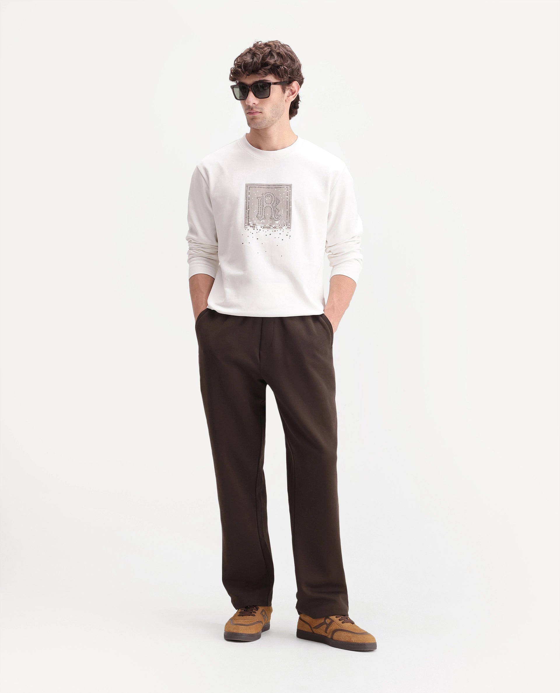 Rare Rabbit Men's Blin-T Brown Cotton Blend Relaxed Plain Track Pant