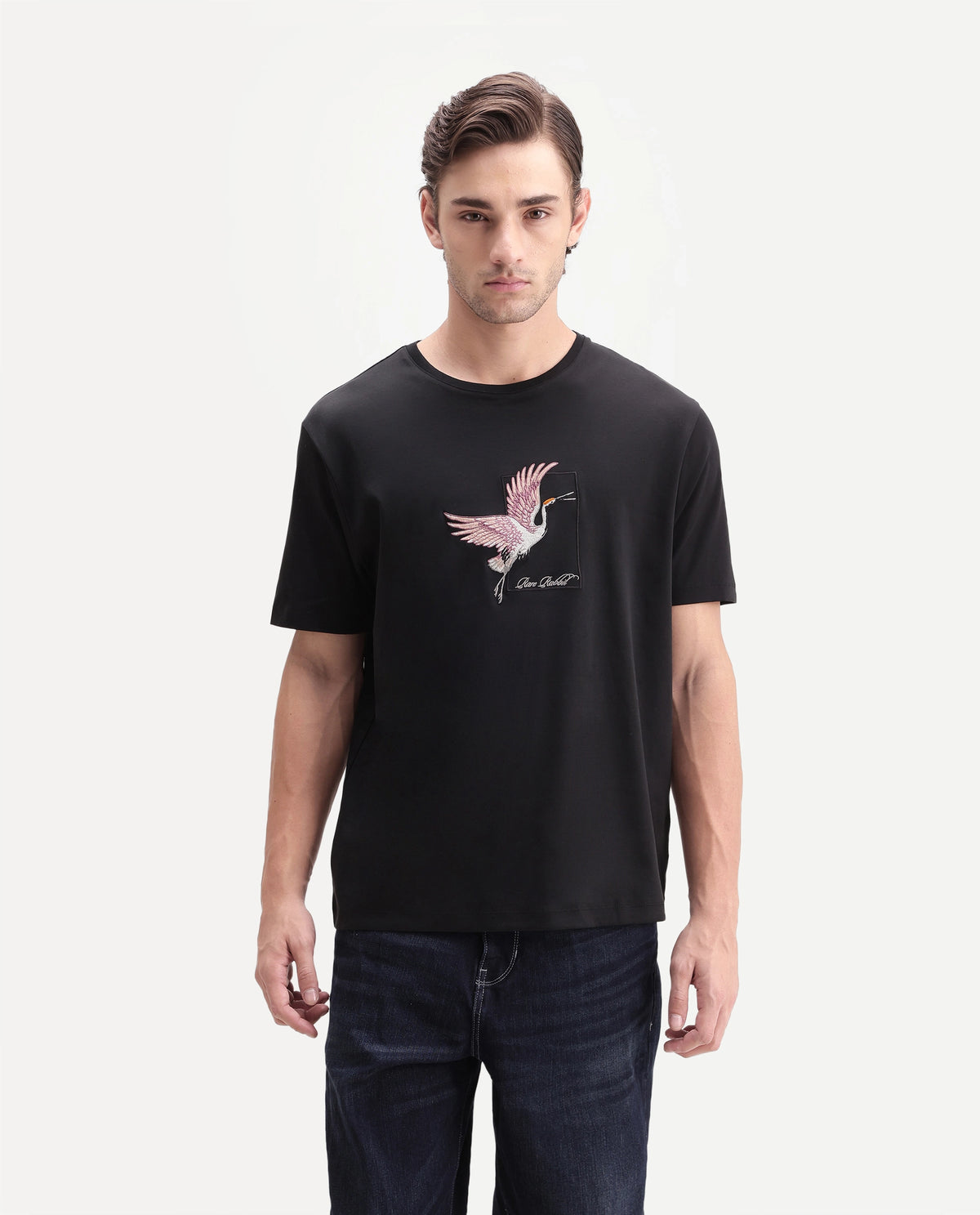 Rare Rabbit Men's Birdo Black Cotton Crew Neck Regular Graphic Print T-Shirt