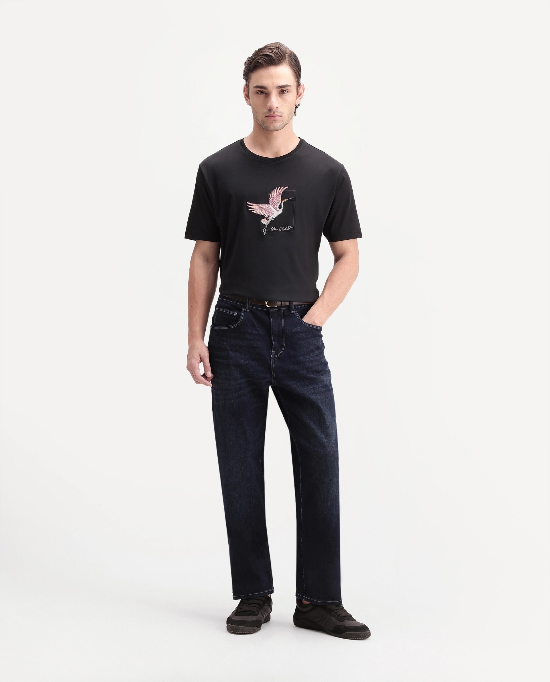 Rare Rabbit Men's Birdo Black Cotton Crew Neck Regular Graphic Print T-Shirt