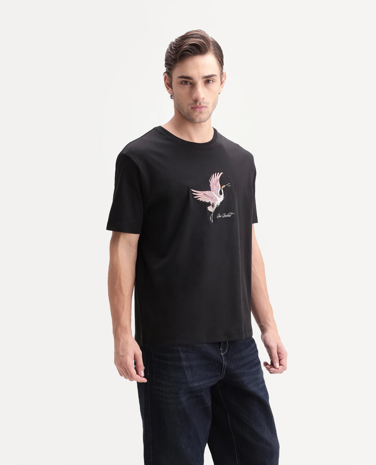 Rare Rabbit Men's Birdo Black Cotton Crew Neck Regular Graphic Print T-Shirt
