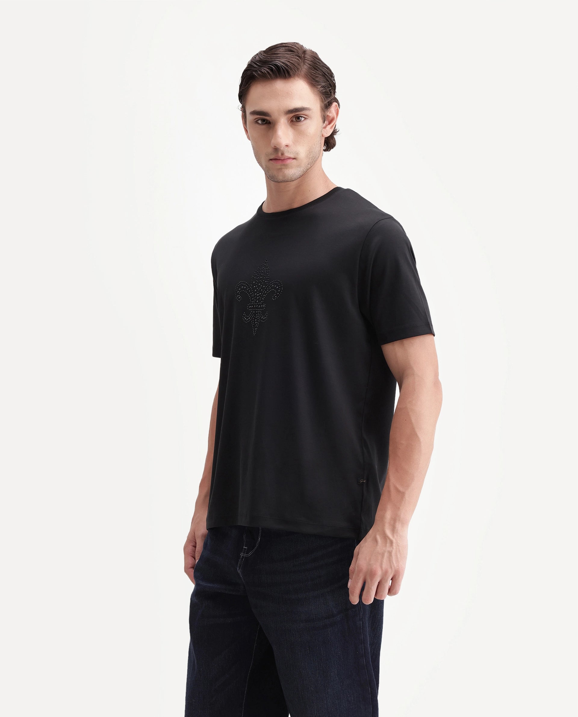 Rare Rabbit Men's Earlo Black Cotton Crew Neck Regular Graphic Print T-Shirt