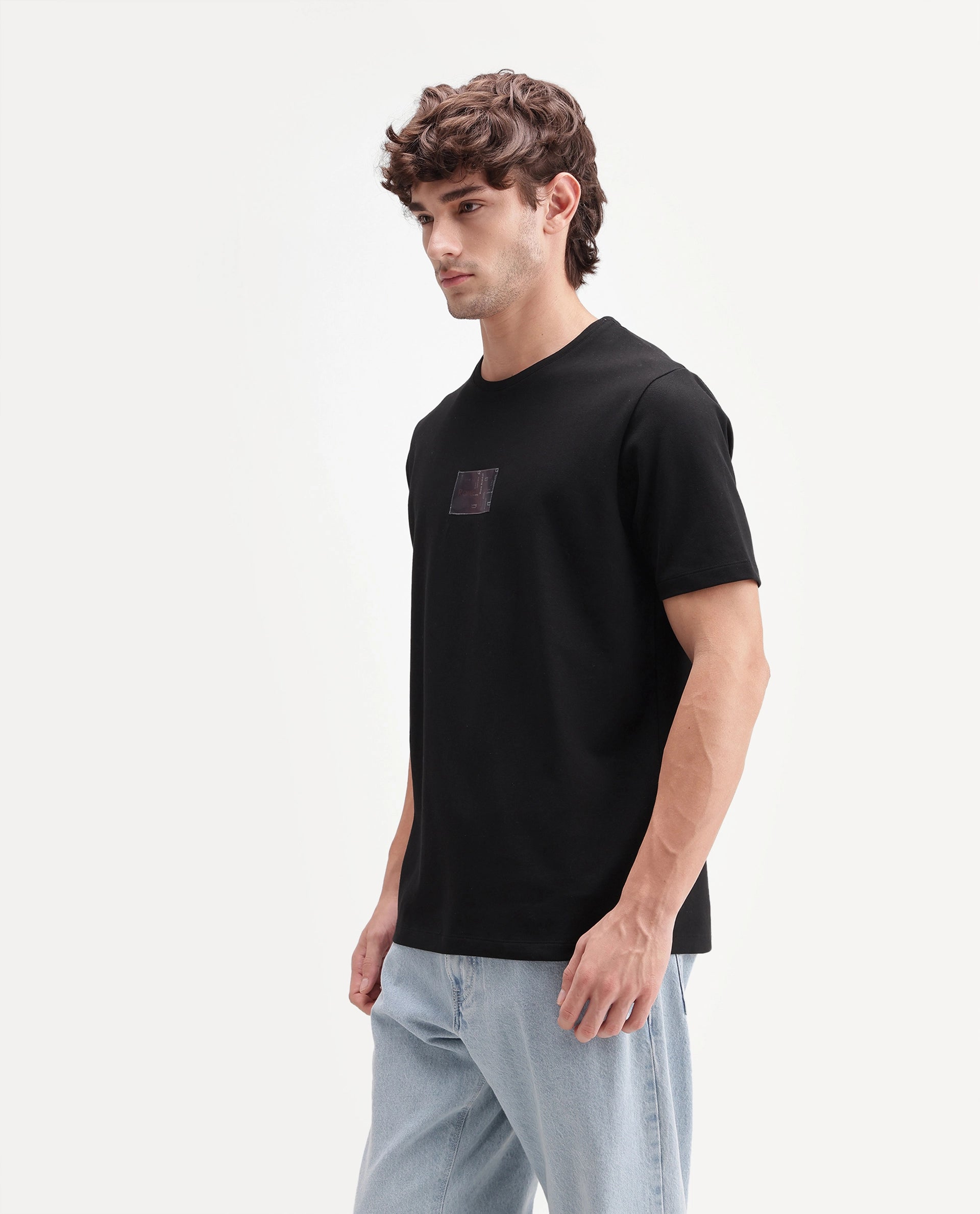 Rare Rabbit Men's Helo Black Cotton Blend Crew Neck Regular Graphic Print T-Shirt
