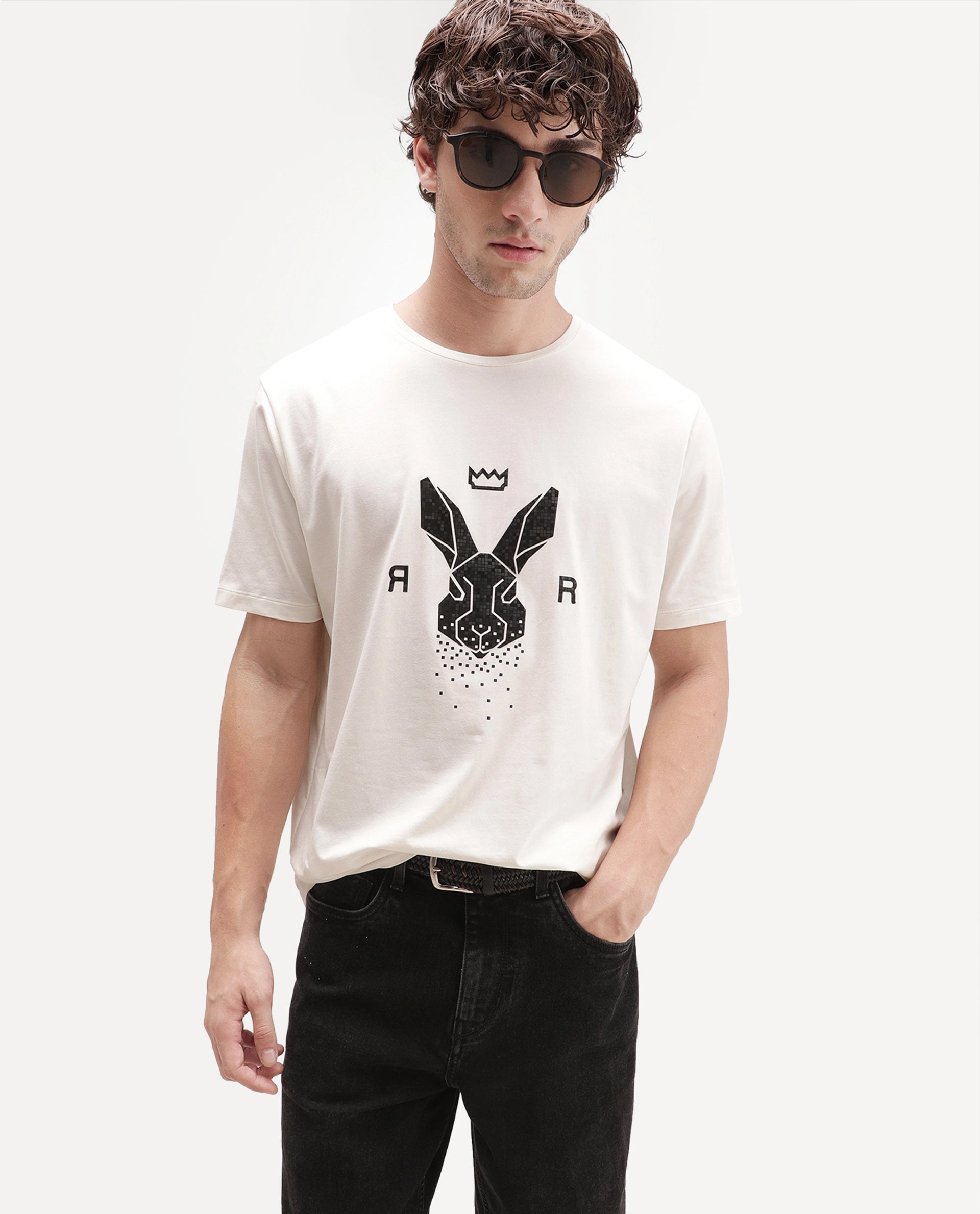 Rare Rabbit Men's Walker Off White Cotton Blend Crew Neck Regular Graphic Print T-Shirt