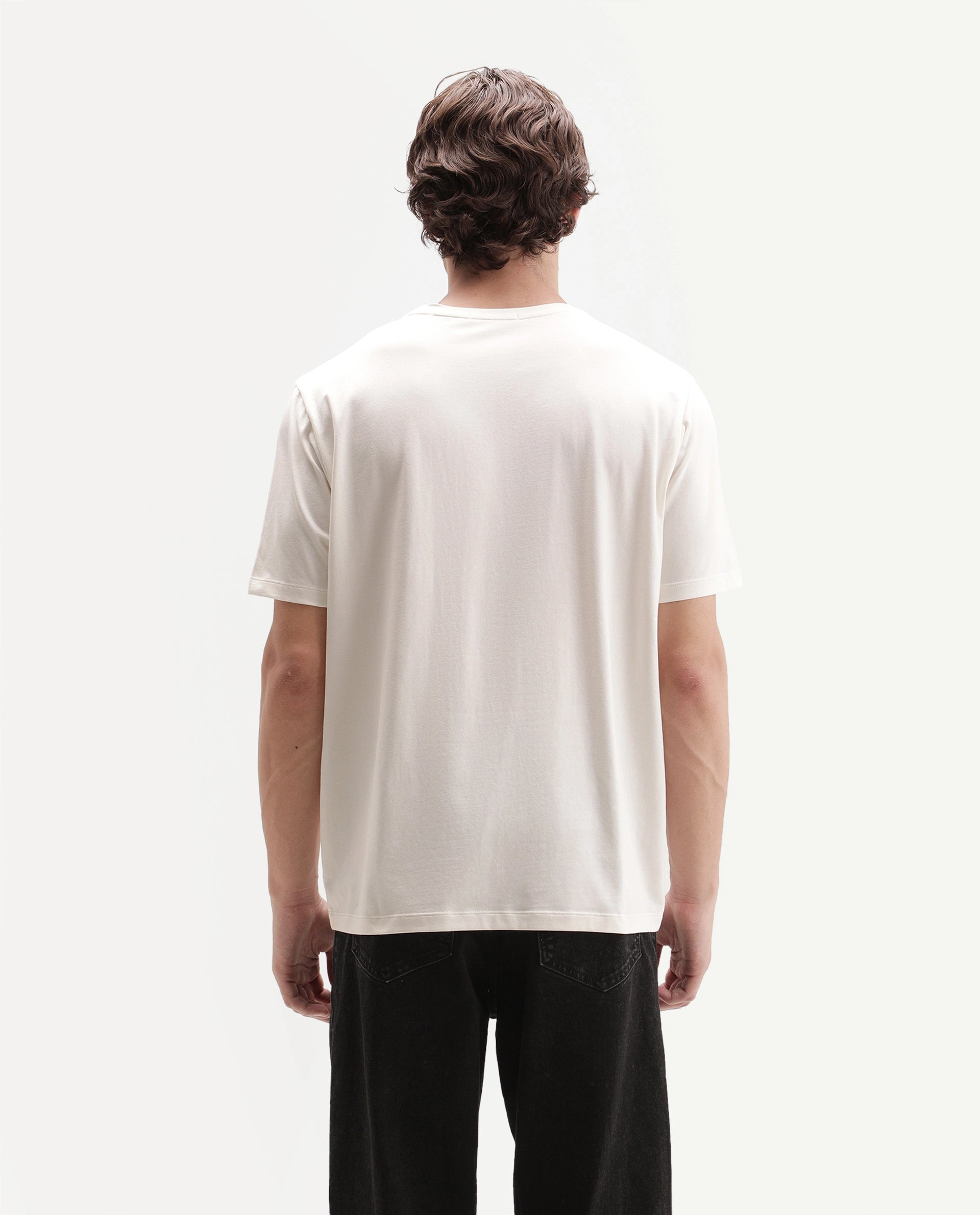 Rare Rabbit Men's Walker Off White Cotton Blend Crew Neck Regular Graphic Print T-Shirt