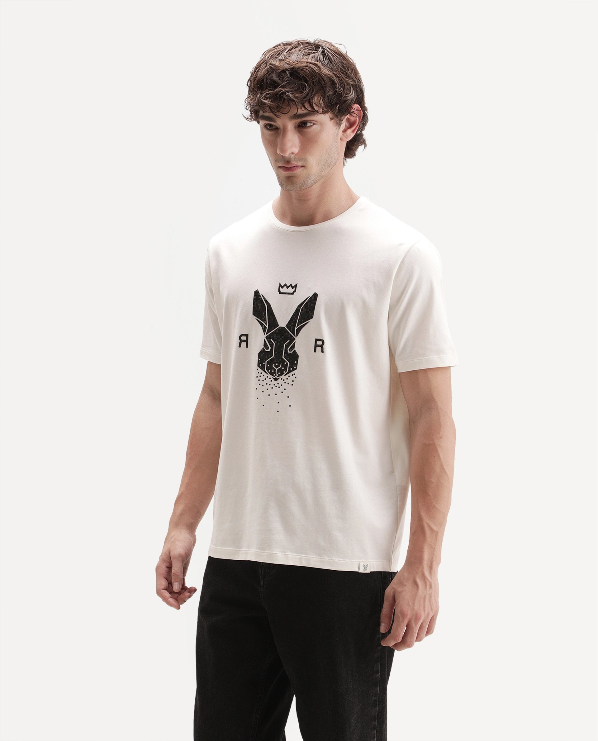 Rare Rabbit Men's Walker Off White Cotton Blend Crew Neck Regular Graphic Print T-Shirt