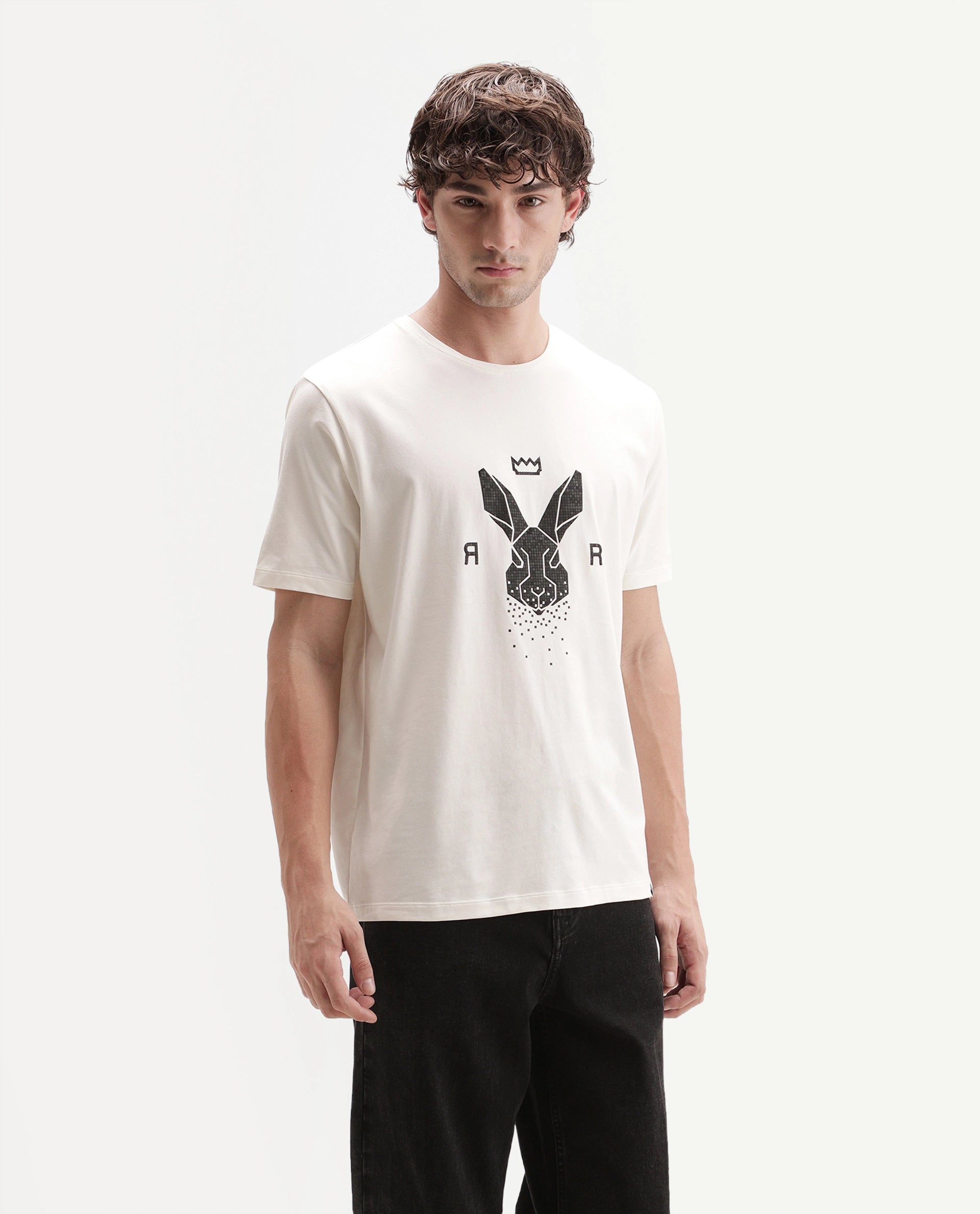 Rare Rabbit Men's Walker Off White Cotton Blend Crew Neck Regular Graphic Print T-Shirt