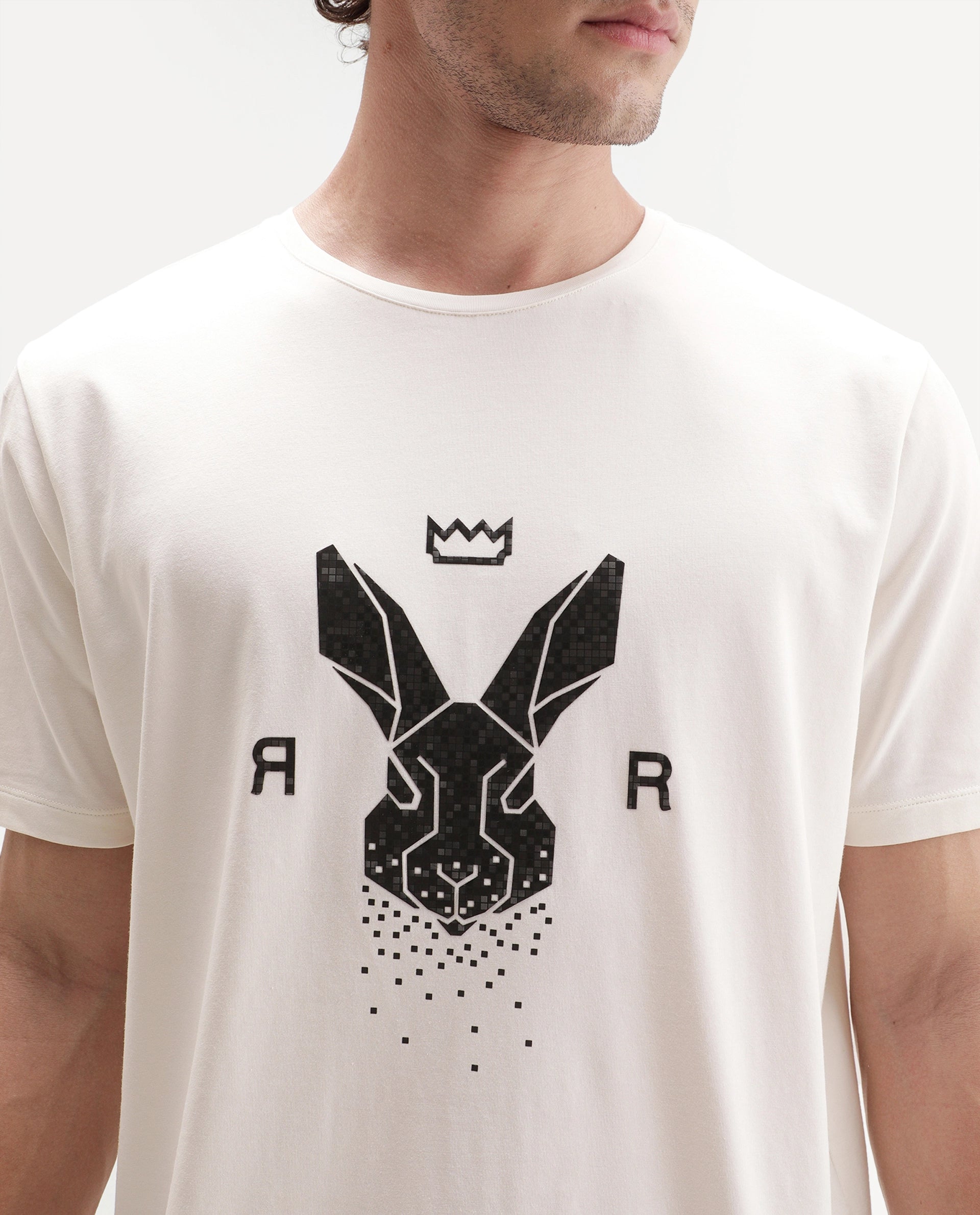 Rare Rabbit Men's Walker Off White Cotton Blend Crew Neck Regular Graphic Print T-Shirt