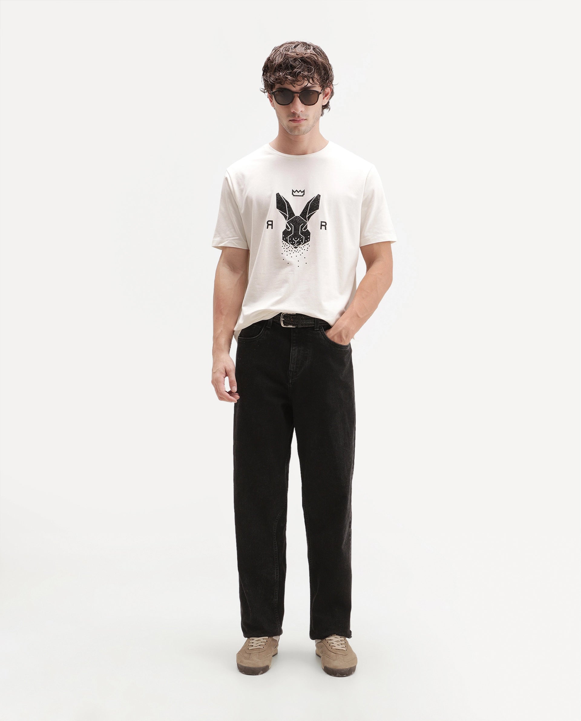 Rare Rabbit Men's Walker Off White Cotton Blend Crew Neck Regular Graphic Print T-Shirt