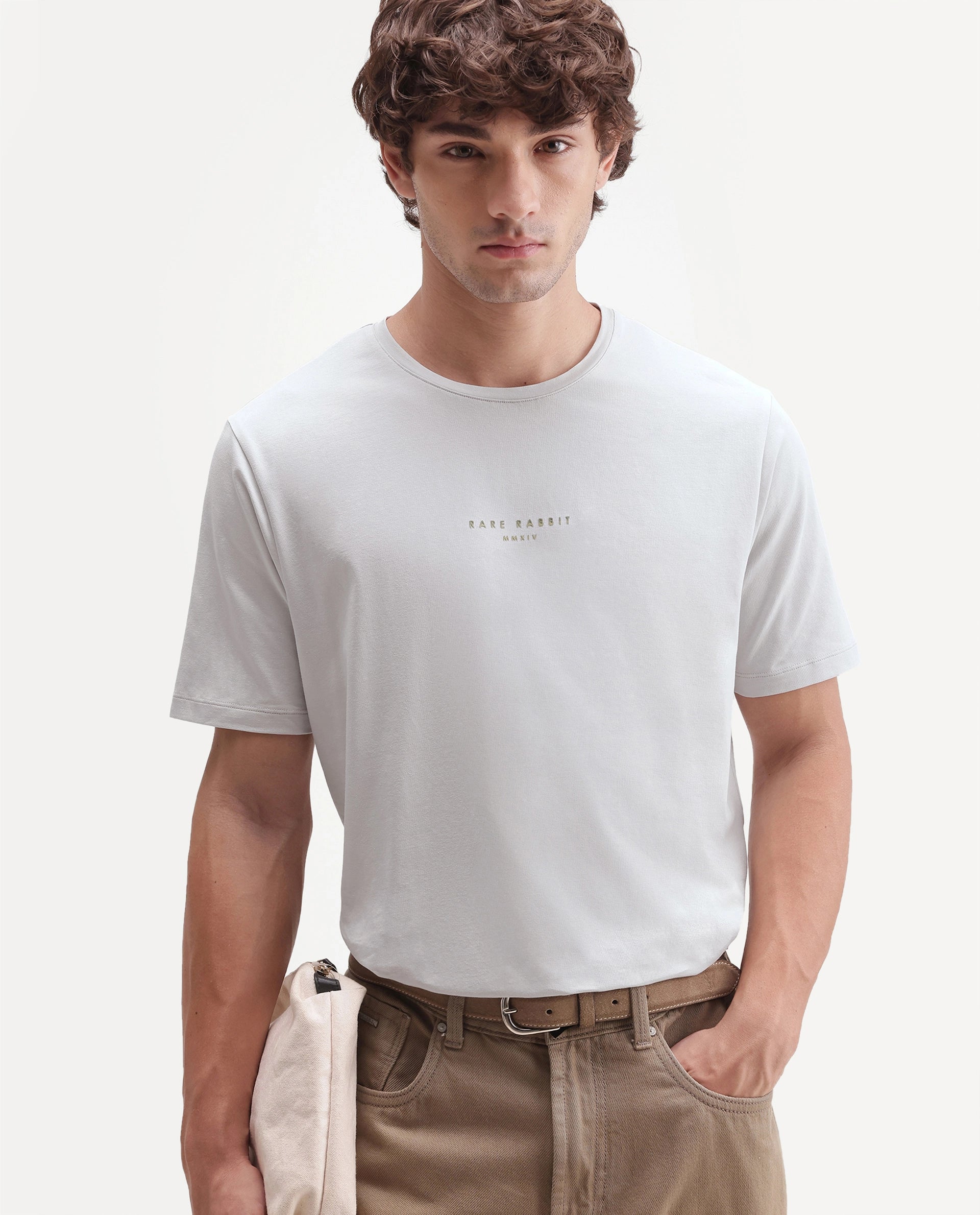 Rare Rabbit Men's Rabbit-A26 Light Grey Cotton Blend Crew Neck Regular Hd Print T-Shirt