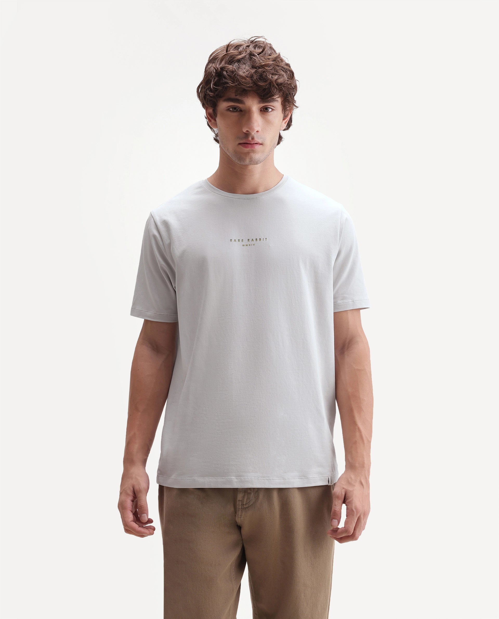 Rare Rabbit Men's Rabbit-A26 Light Grey Cotton Blend Crew Neck Regular Hd Print T-Shirt
