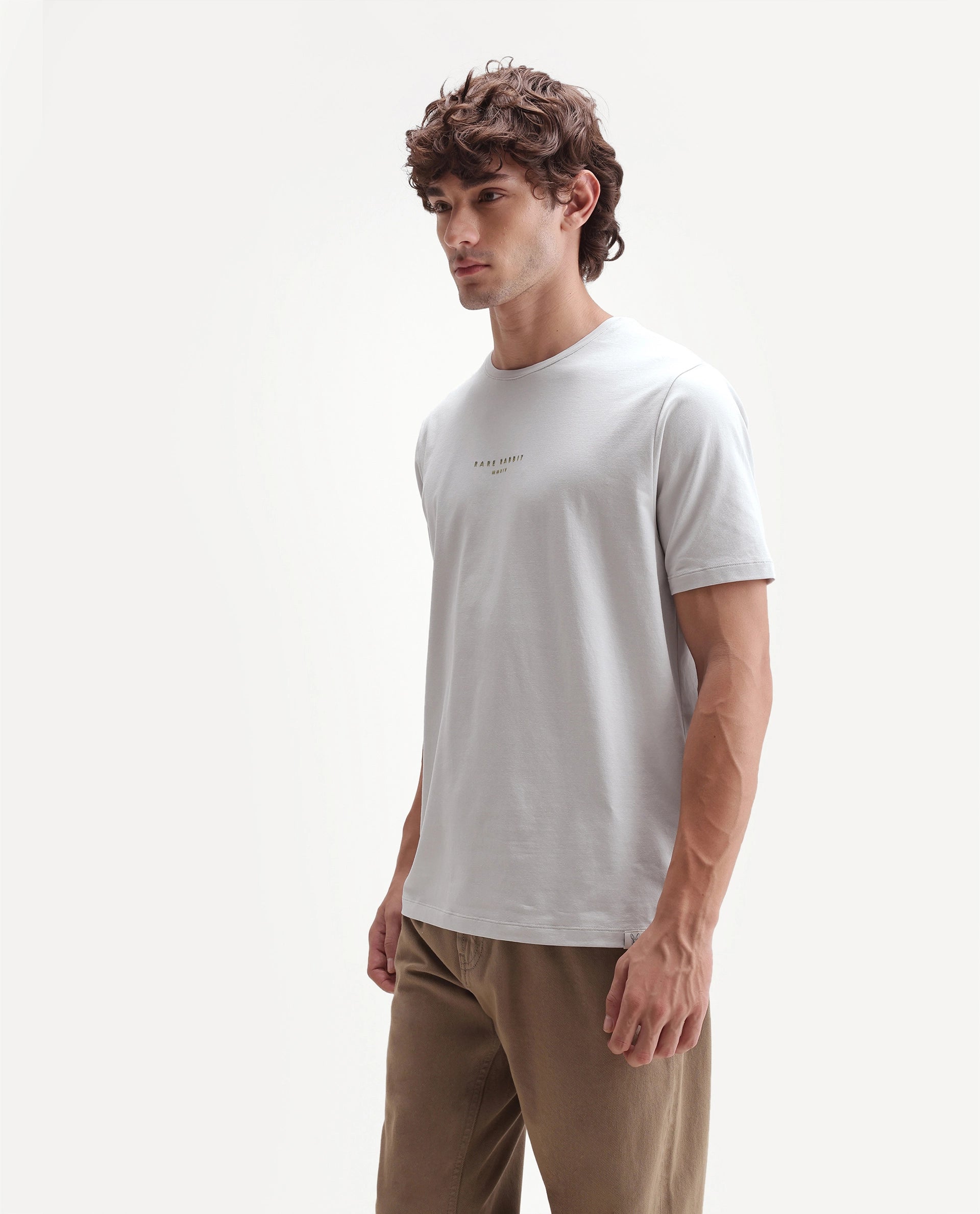 Rare Rabbit Men's Rabbit-A26 Light Grey Cotton Blend Crew Neck Regular Hd Print T-Shirt