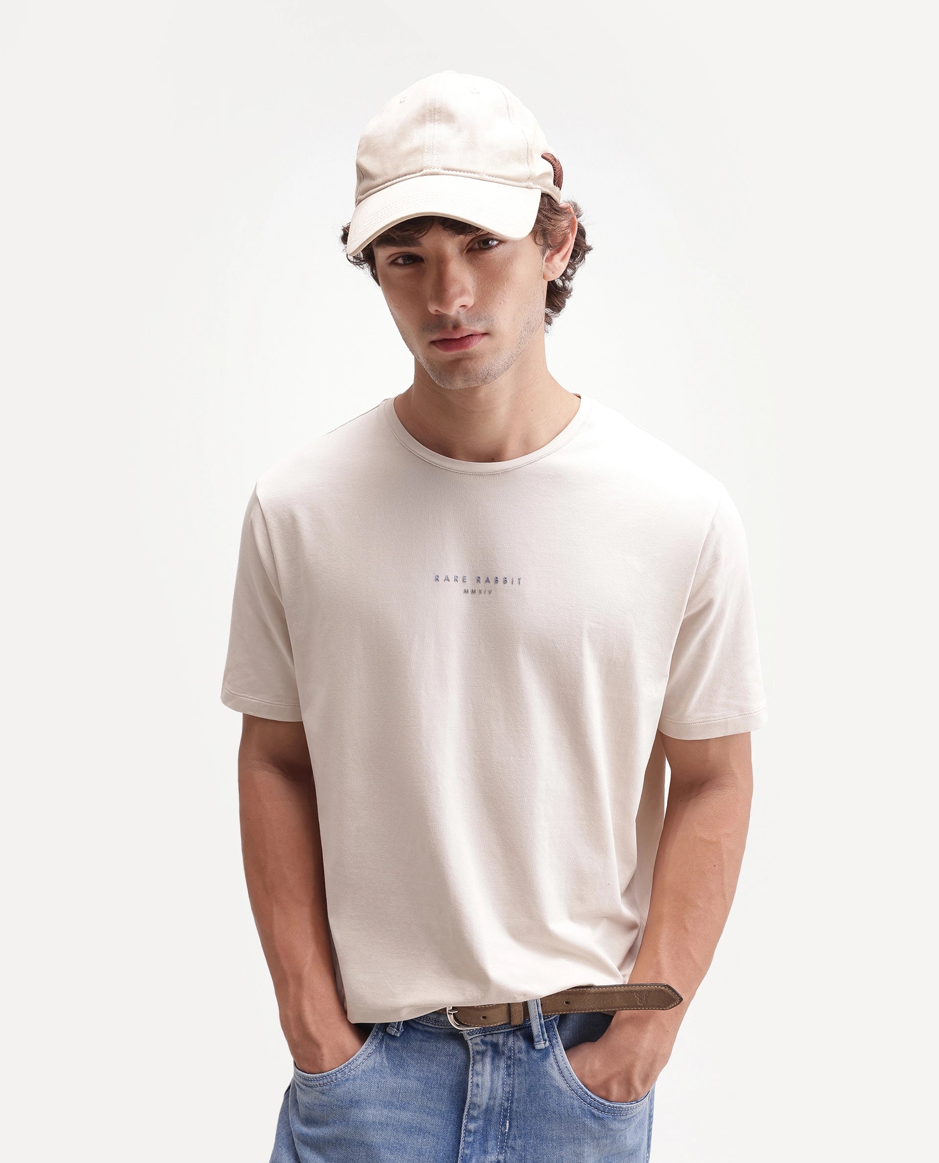 Rare Rabbit Men's Rabbit-A26 Beige Cotton Blend Crew Neck Regular Hd Print T-Shirt
