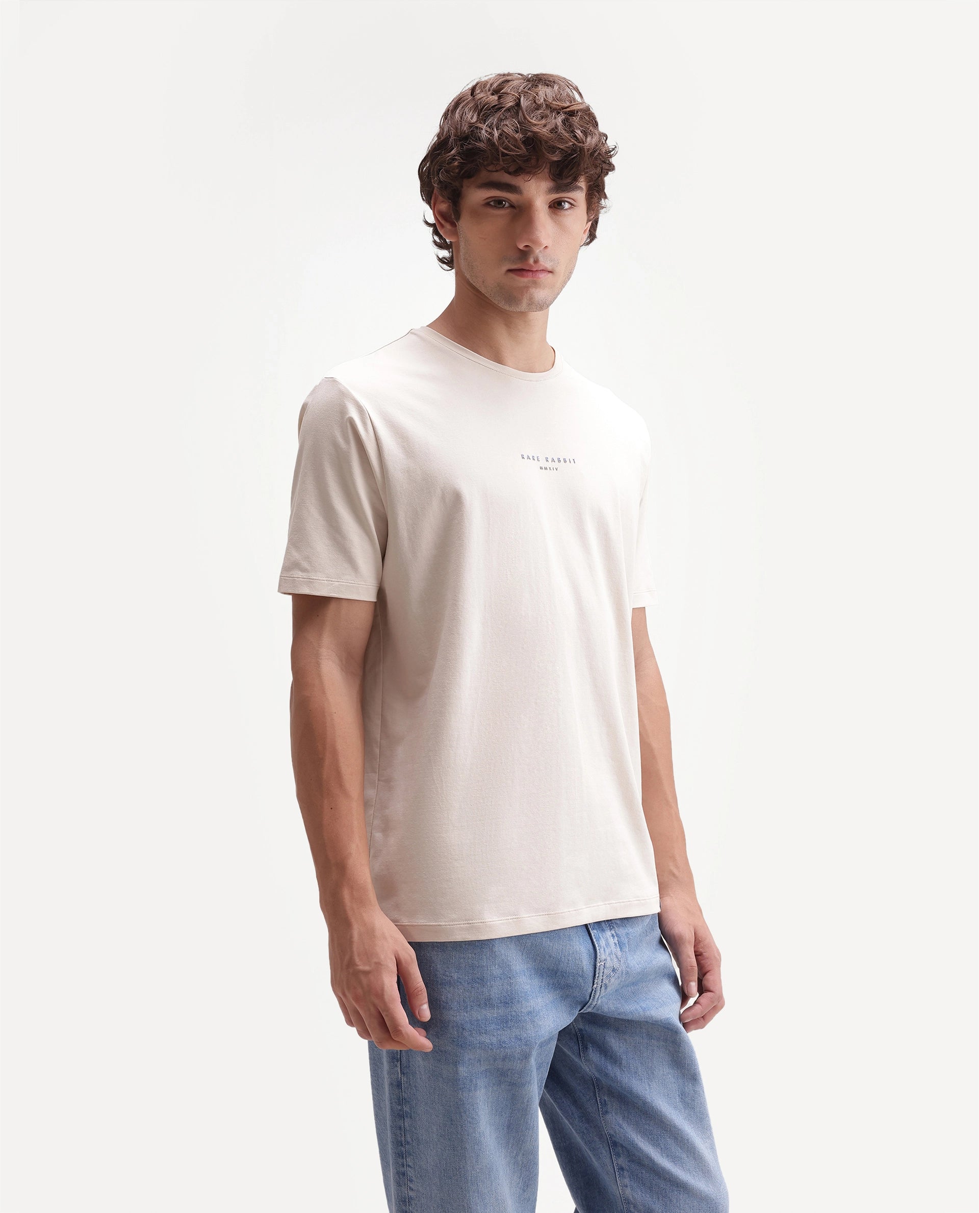 Rare Rabbit Men's Rabbit-A26 Beige Cotton Blend Crew Neck Regular Hd Print T-Shirt