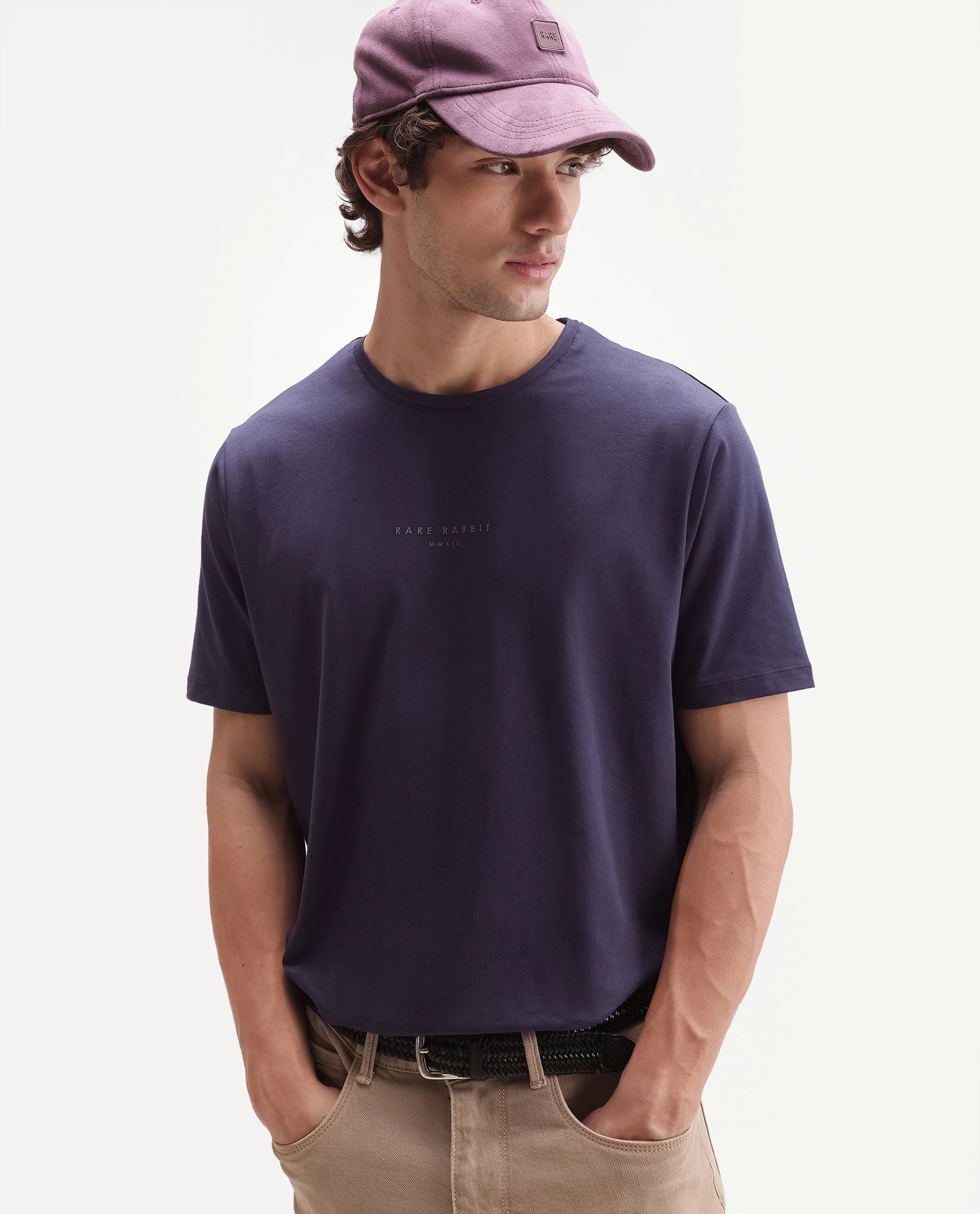 Rare Rabbit Men's Rabbit-A26 Dark Purple Cotton Blend Crew Neck Regular Hd Print T-Shirt