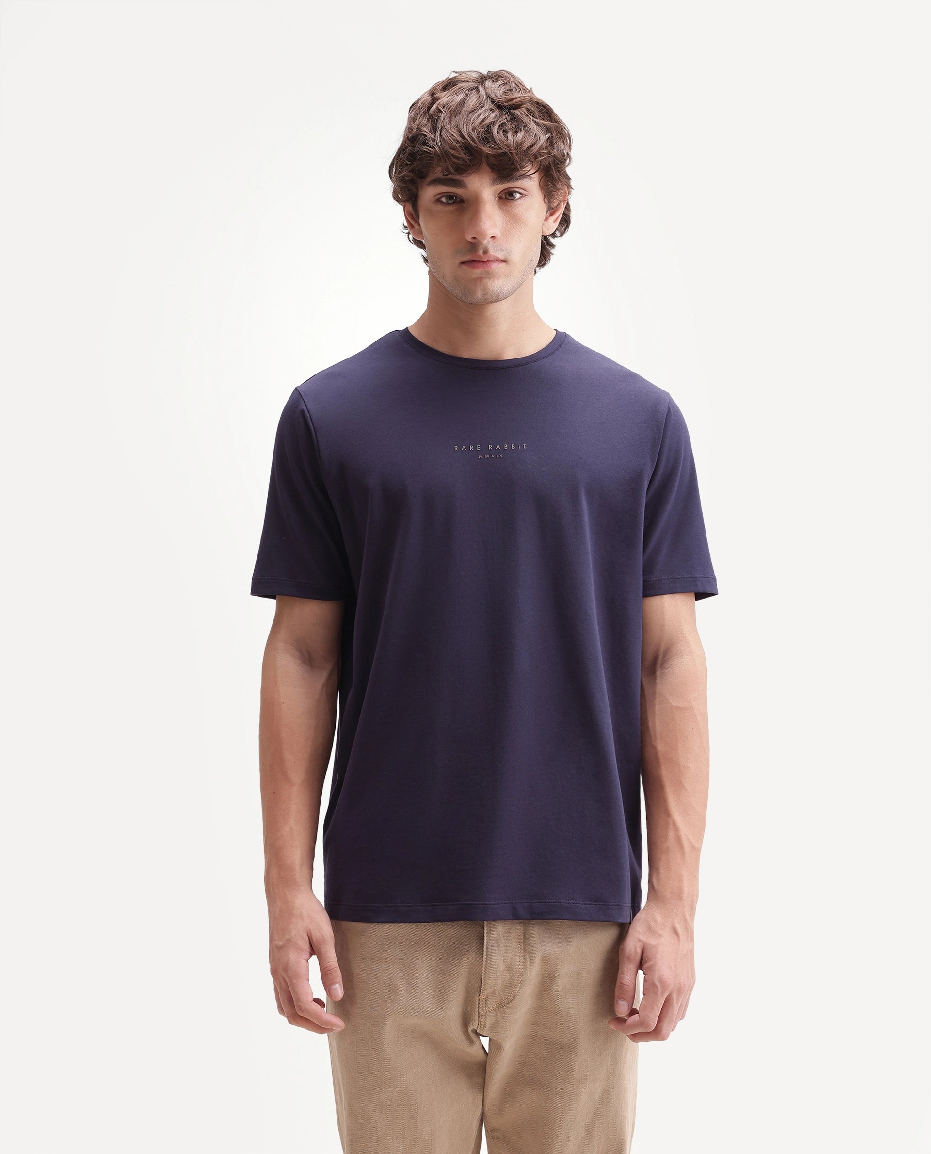Rare Rabbit Men's Rabbit-A26 Dark Purple Cotton Blend Crew Neck Regular Hd Print T-Shirt