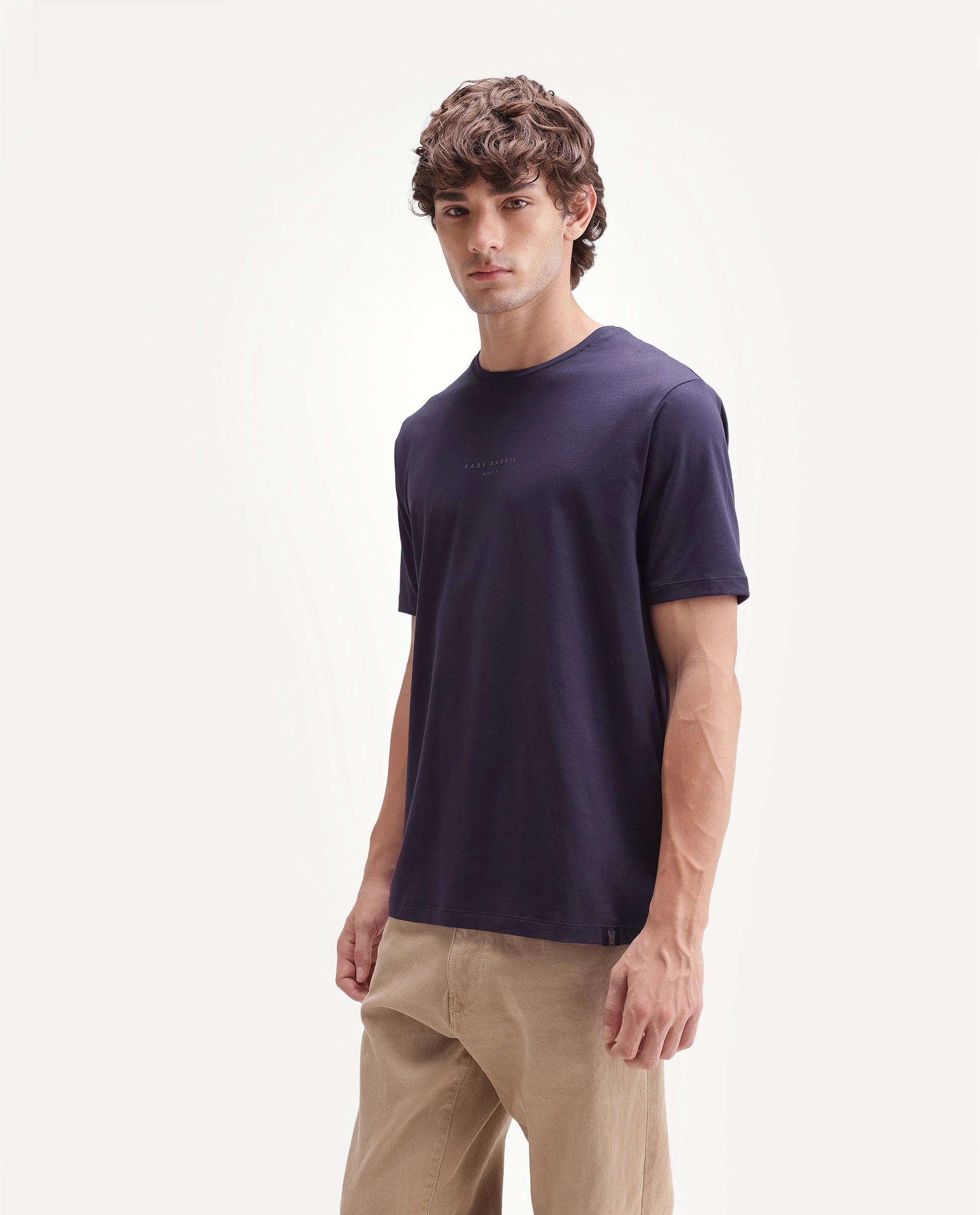 Rare Rabbit Men's Rabbit-A26 Dark Purple Cotton Blend Crew Neck Regular Hd Print T-Shirt