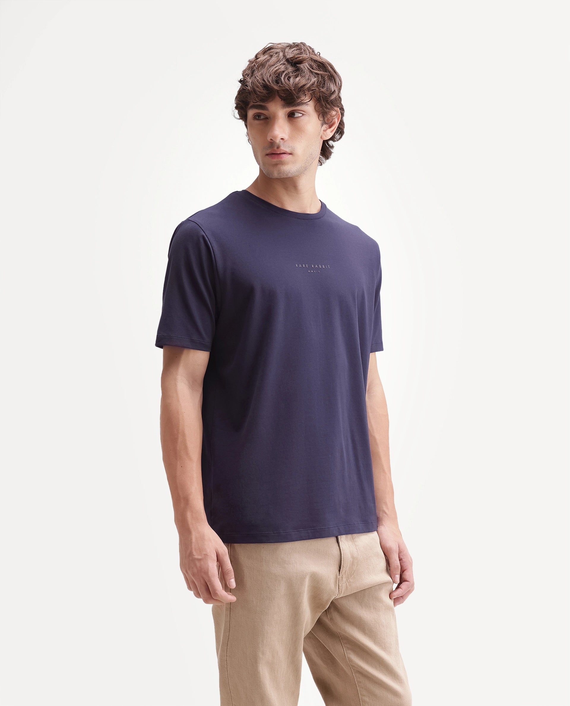 Rare Rabbit Men's Rabbit-A26 Dark Purple Cotton Blend Crew Neck Regular Hd Print T-Shirt
