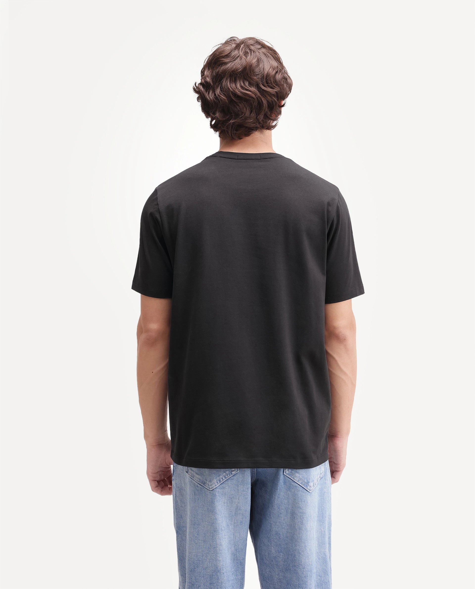 Rare Rabbit Men's Rabbit-A26 Primary Black Cotton Blend Crew Neck Regular Hd Print T-Shirt