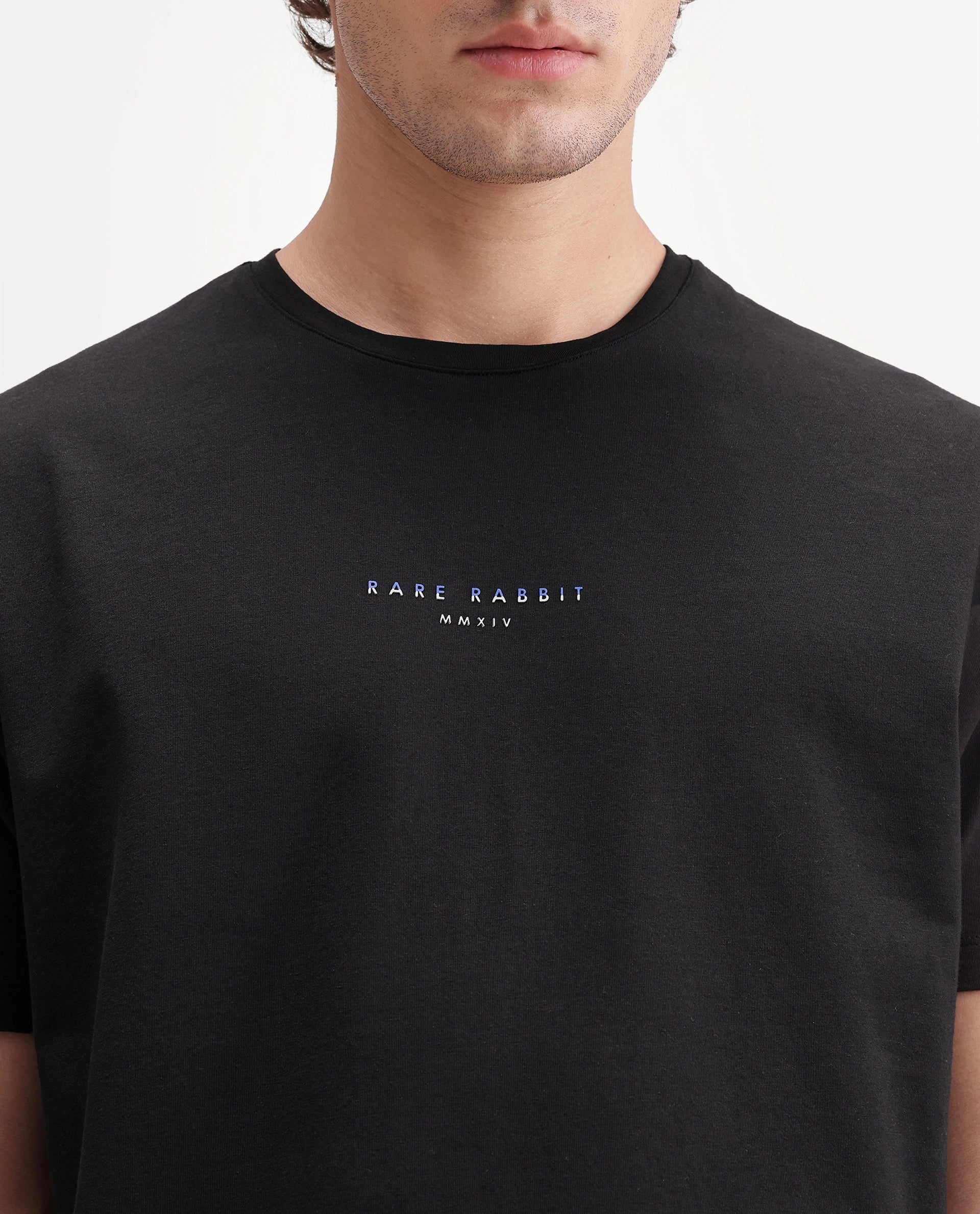 Rare Rabbit Men's Rabbit-A26 Primary Black Cotton Blend Crew Neck Regular Hd Print T-Shirt