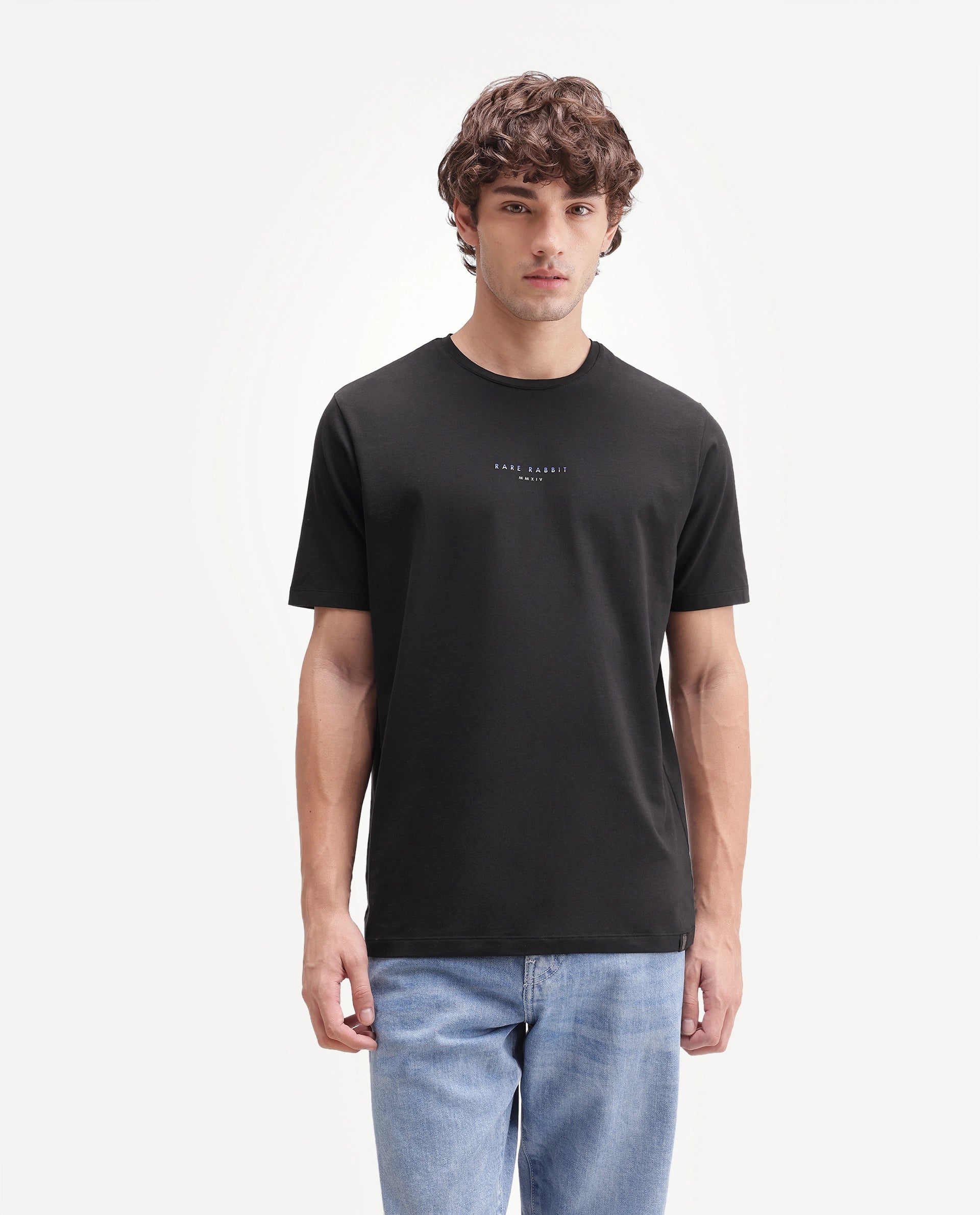 Rare Rabbit Men's Rabbit-A26 Primary Black Cotton Blend Crew Neck Regular Hd Print T-Shirt