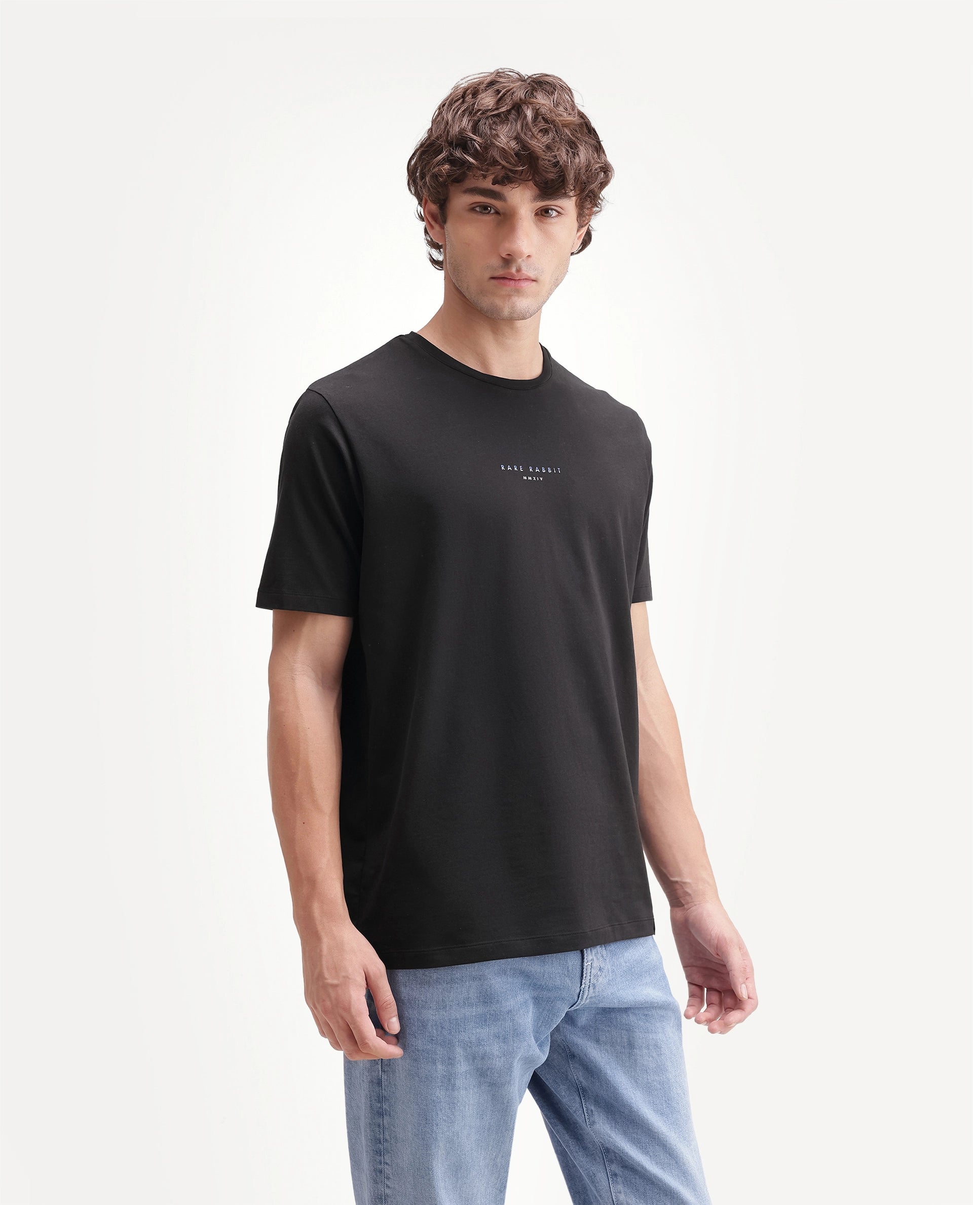 Rare Rabbit Men's Rabbit-A26 Primary Black Cotton Blend Crew Neck Regular Hd Print T-Shirt