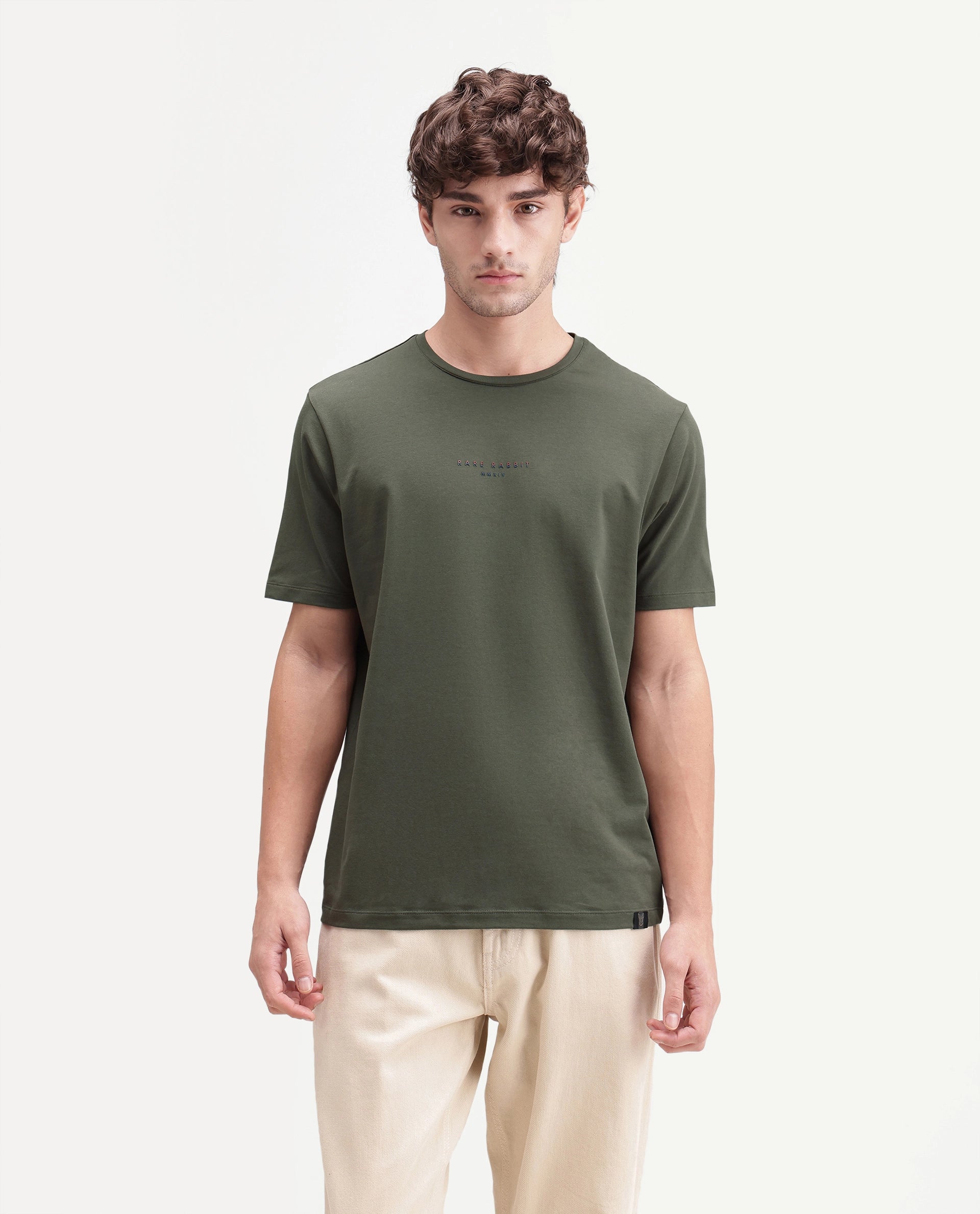 Rare Rabbit Men's Rabbit-A26 Olive Cotton Blend Crew Neck Regular Hd Print T-Shirt