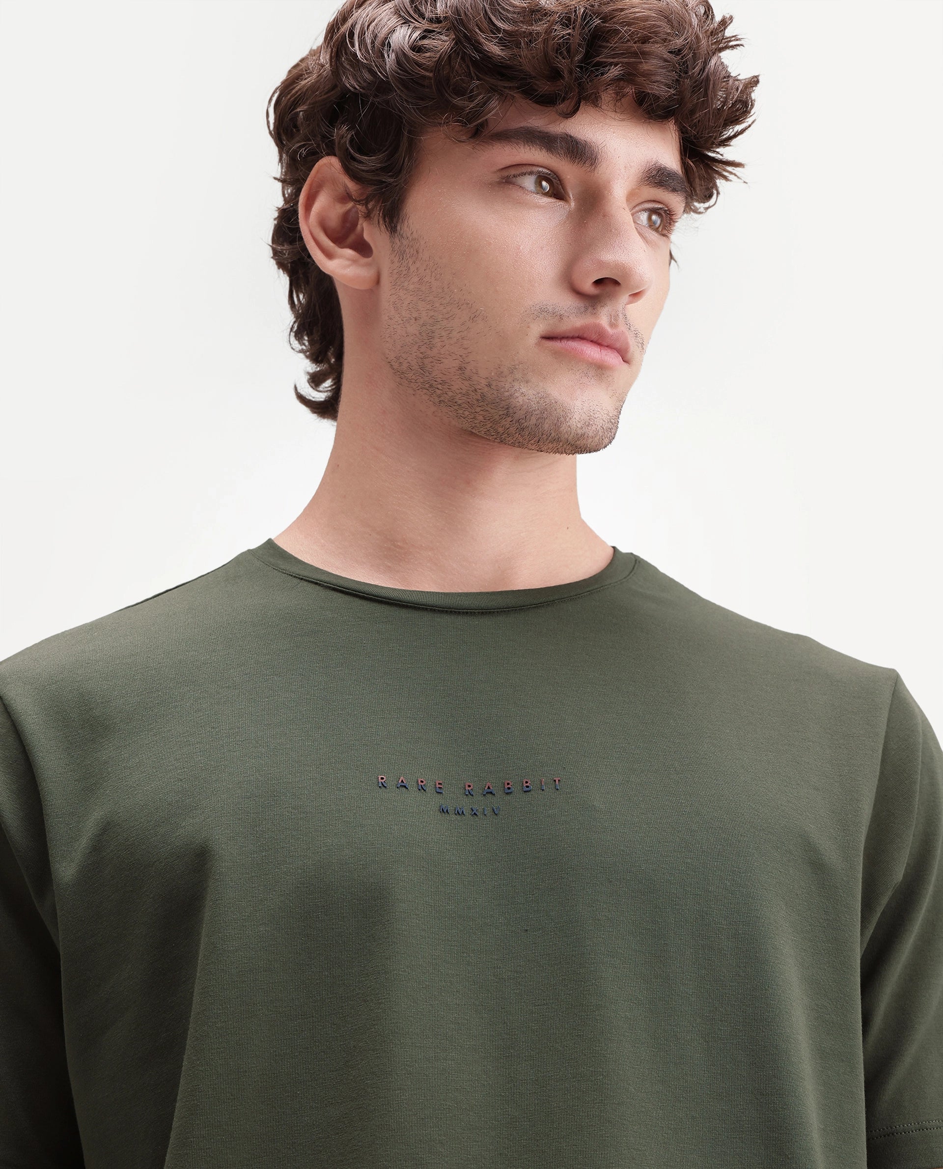 Rare Rabbit Men's Rabbit-A26 Olive Cotton Blend Crew Neck Regular Hd Print T-Shirt