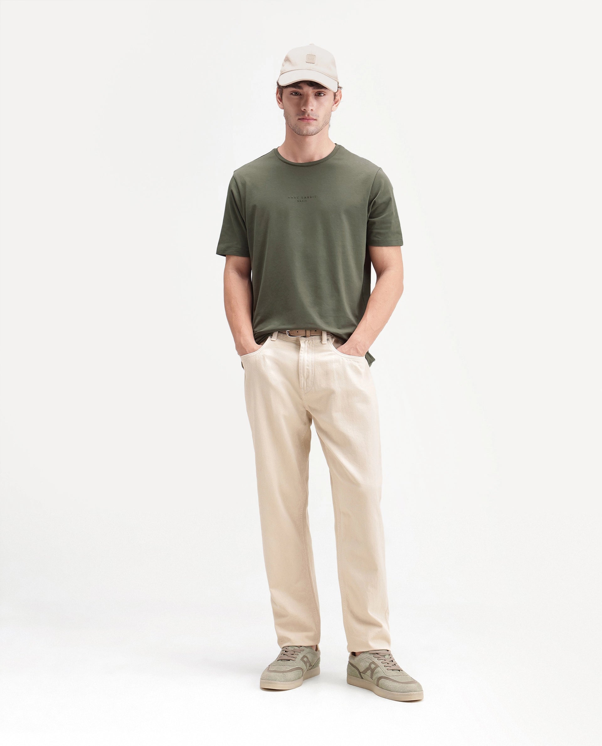 Rare Rabbit Men's Rabbit-A26 Olive Cotton Blend Crew Neck Regular Hd Print T-Shirt