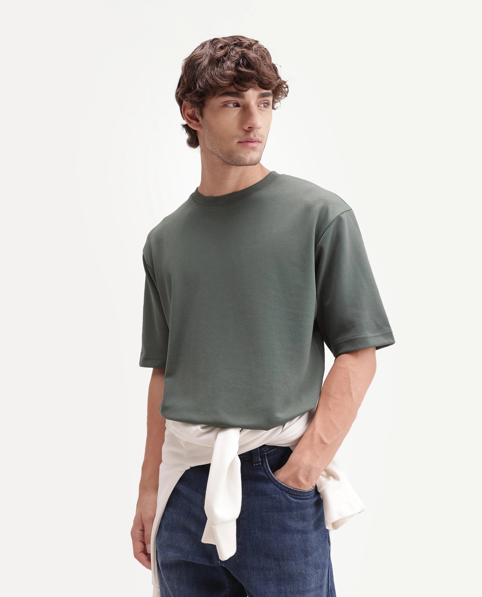 Rare Rabbit Men's Qlo-A26 Olive Cotton Blend Crew Neck Qlo Plain T-Shirt