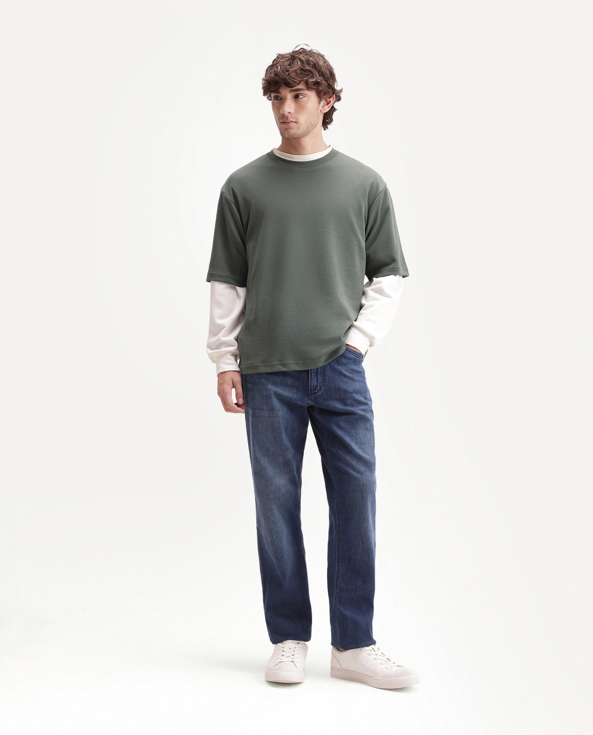 Rare Rabbit Men's Qlo-A26 Olive Cotton Blend Crew Neck Qlo Plain T-Shirt