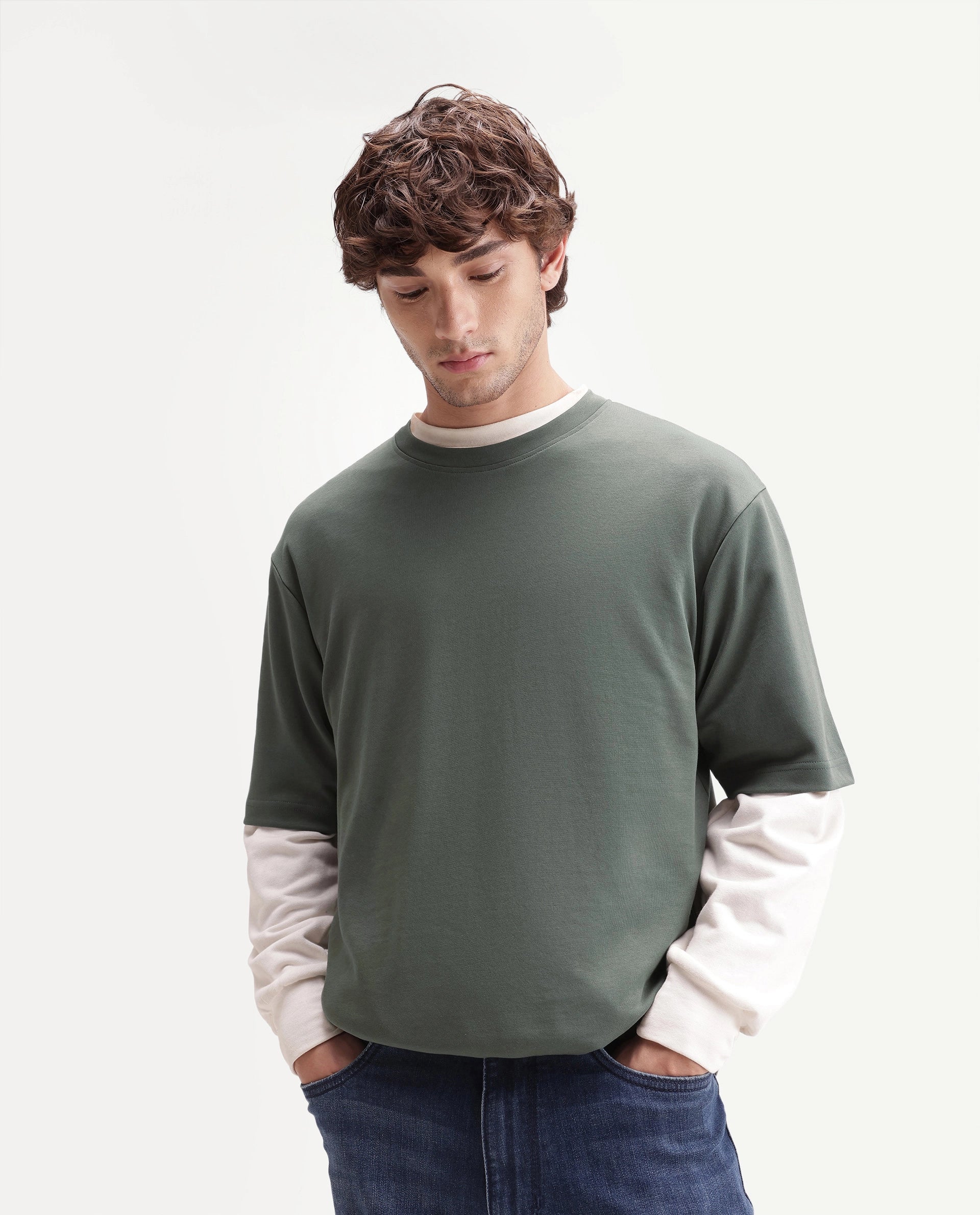 Rare Rabbit Men's Qlo-A26 Olive Cotton Blend Crew Neck Qlo Plain T-Shirt