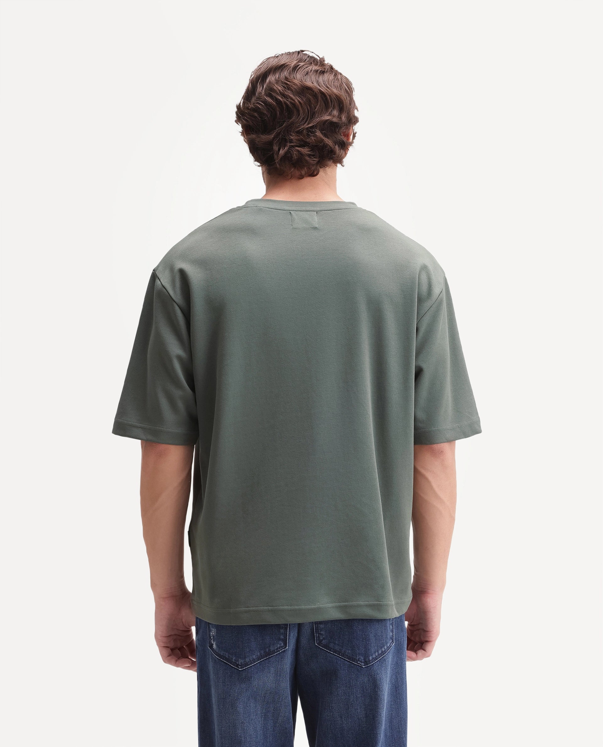 Rare Rabbit Men's Qlo-A26 Olive Cotton Blend Crew Neck Qlo Plain T-Shirt